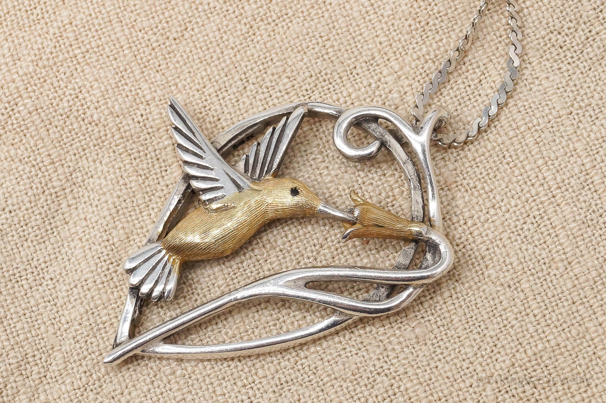 Vintage Hummingbird 14K Yellow Gold & Sterling Silver Necklace 24"