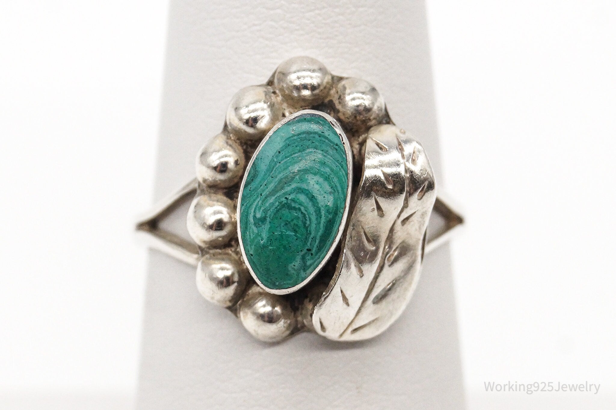 Vintage Mexico Malachite Southwestern Sterling Silver Ring - Size 6.25