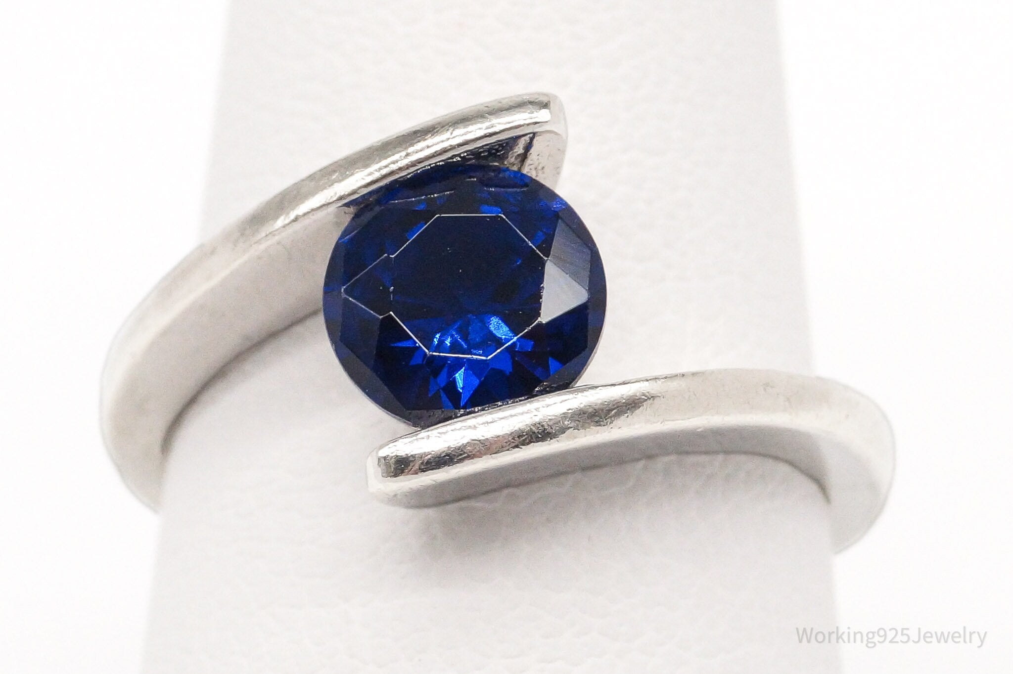 Vintage Lab Sapphire By-Pass Sterling Silver Ring - Size 6.75