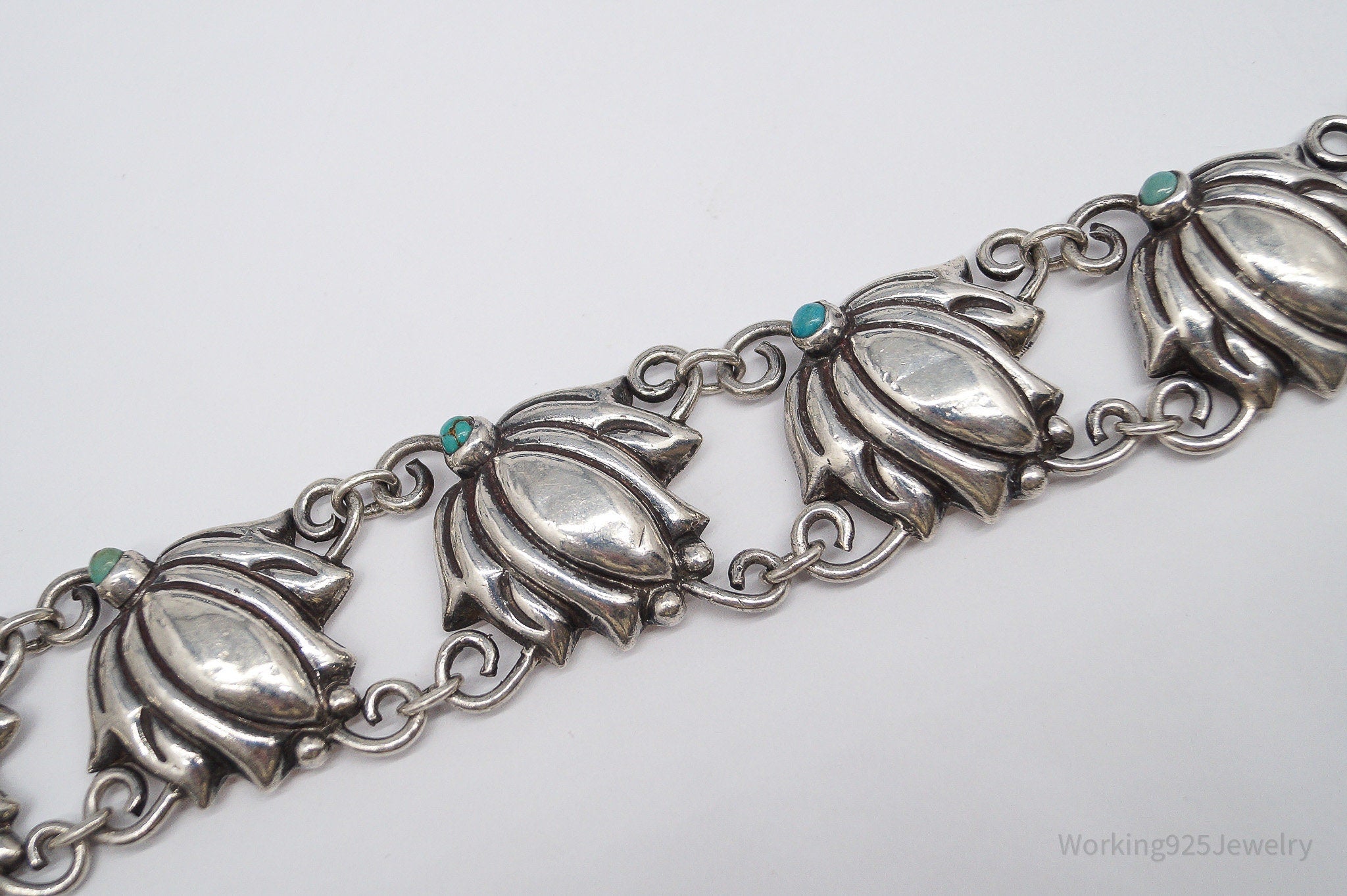 Vintage Mexico Blue Turquoise Inlay & Flowers Silver Bracelet - 7.75"