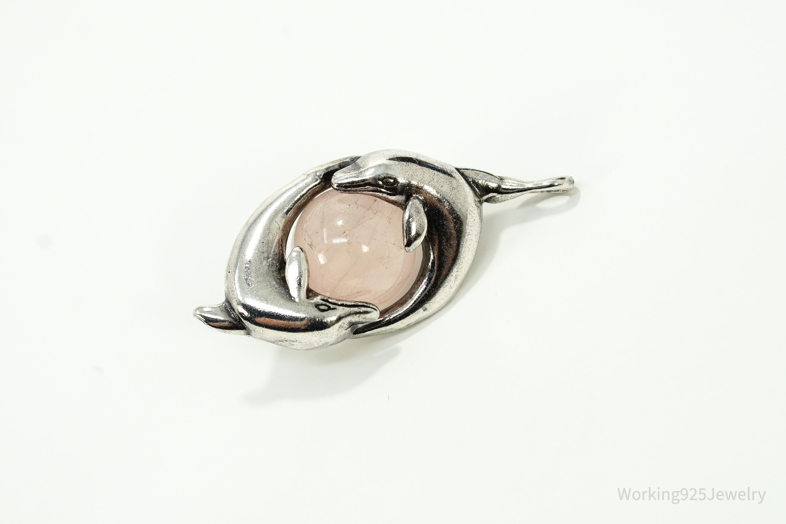 Vintage Rose Quartz & Dolphins Silver Necklace Pendant