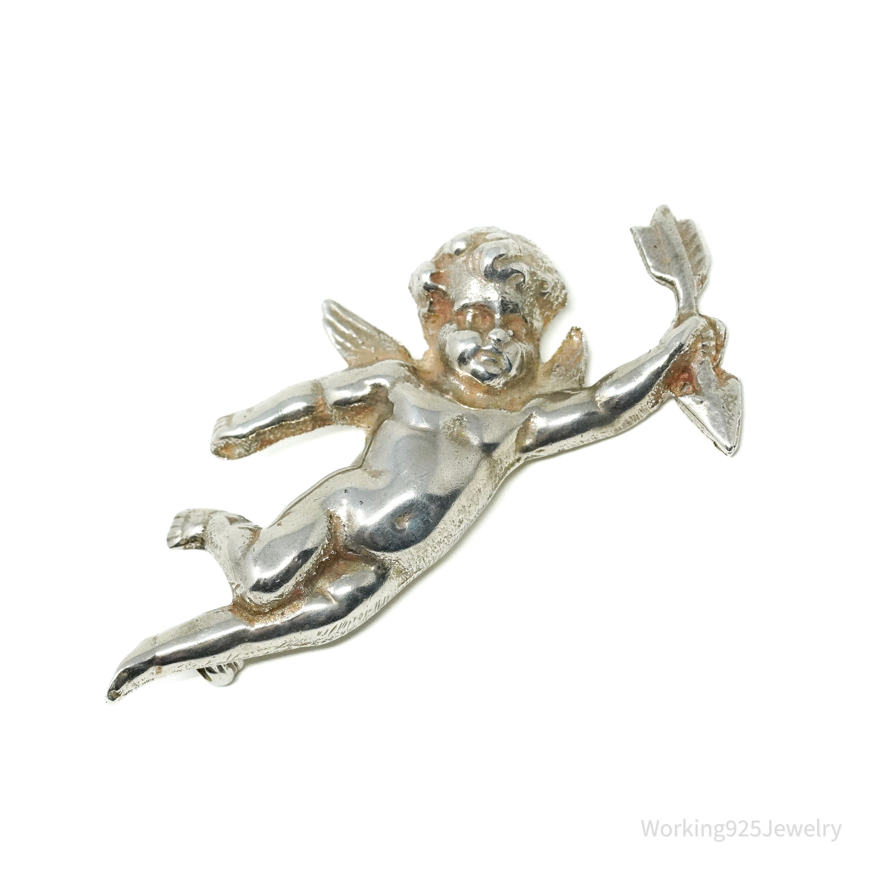 Antique Vintage Cherub Angel Cupid Sterling Silver Brooch Pin