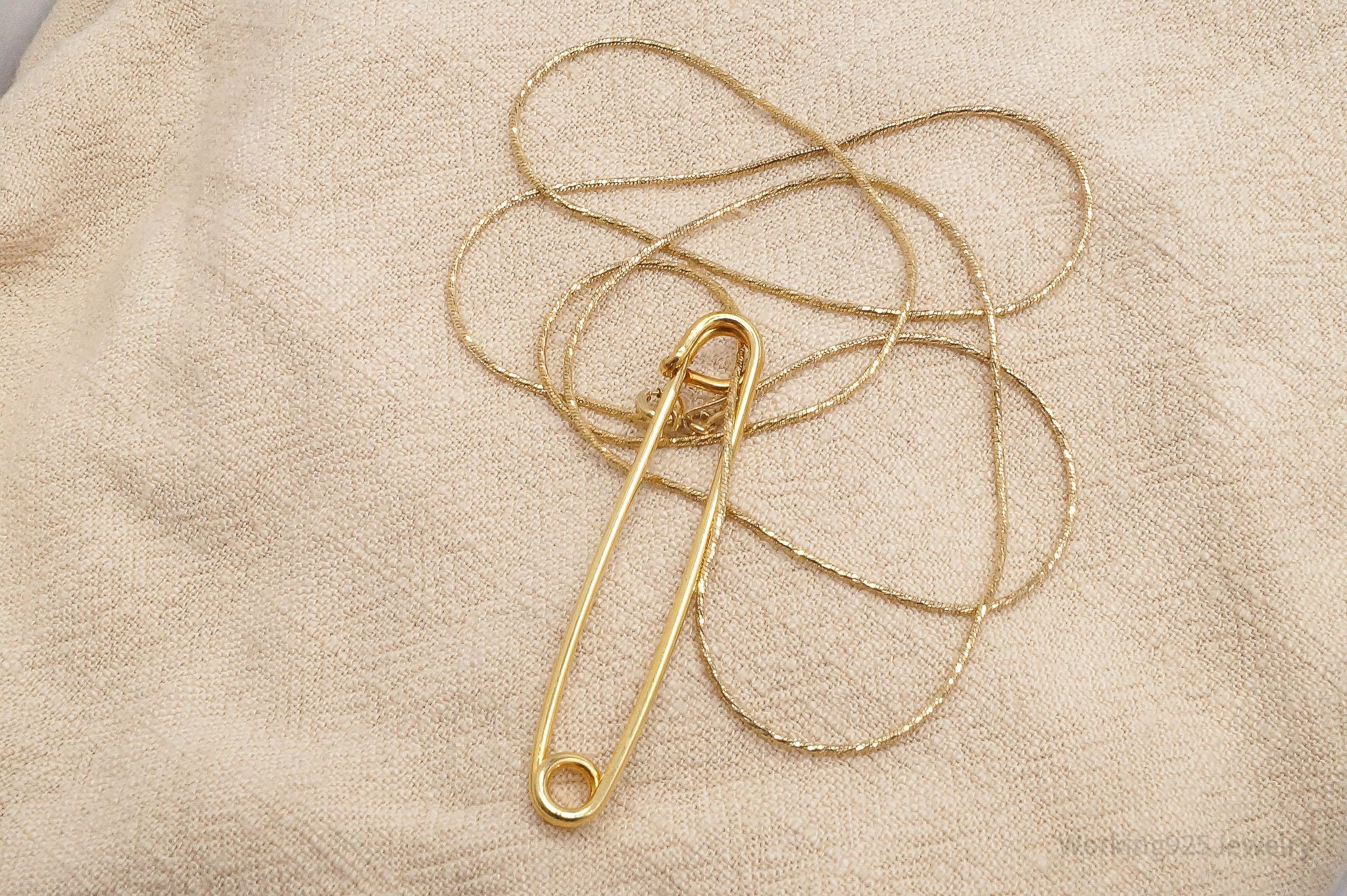 Vintage Safety Pin Gold Vermeil Sterling Silver Necklace 22"