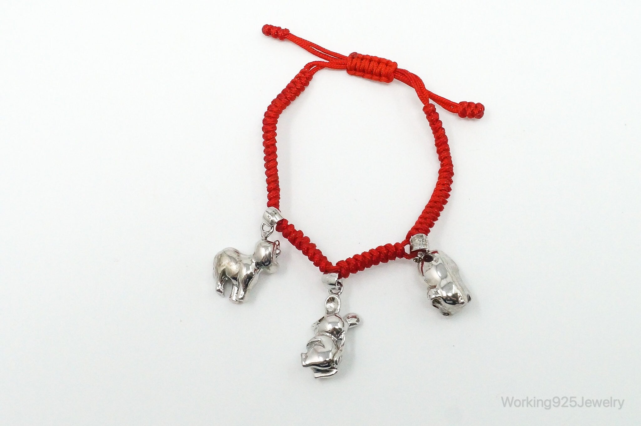 Vintage Animals Garnet Sterling Silver Charms Red Braided Cord Bracelet Adj.