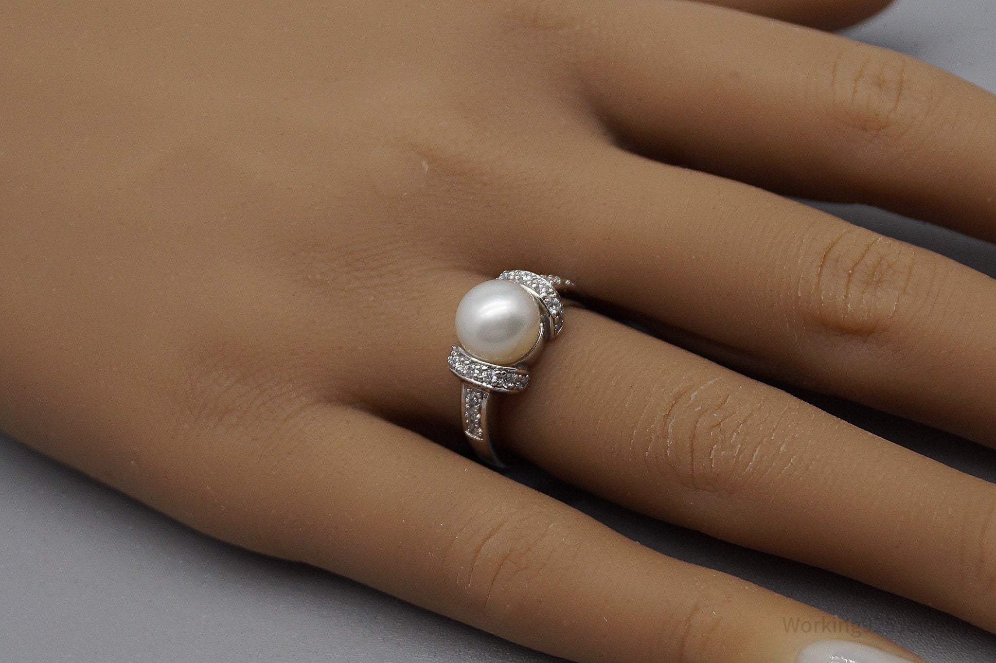 Vintage Ross Simons Pearl & Cubic Zirconia Sterling Silver Ring - Size 7