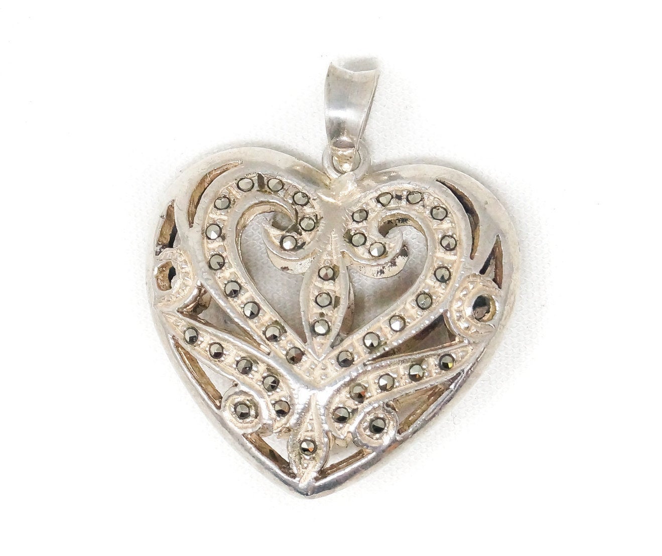 Vintage Marcasite Heart Cut Out Swirl Art Deco Sterling Silver Necklace Pendant