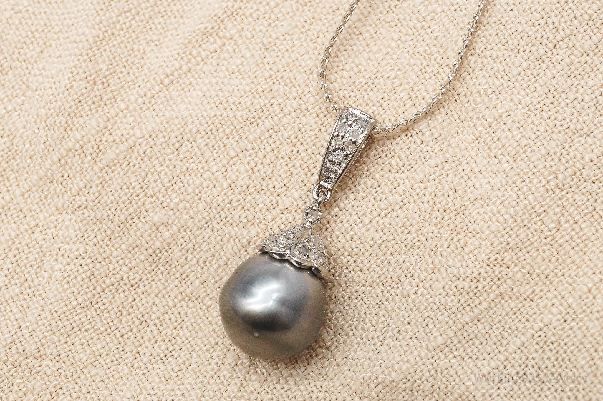 Vintage Pearl & Diamond Sterling Silver Necklace 18"