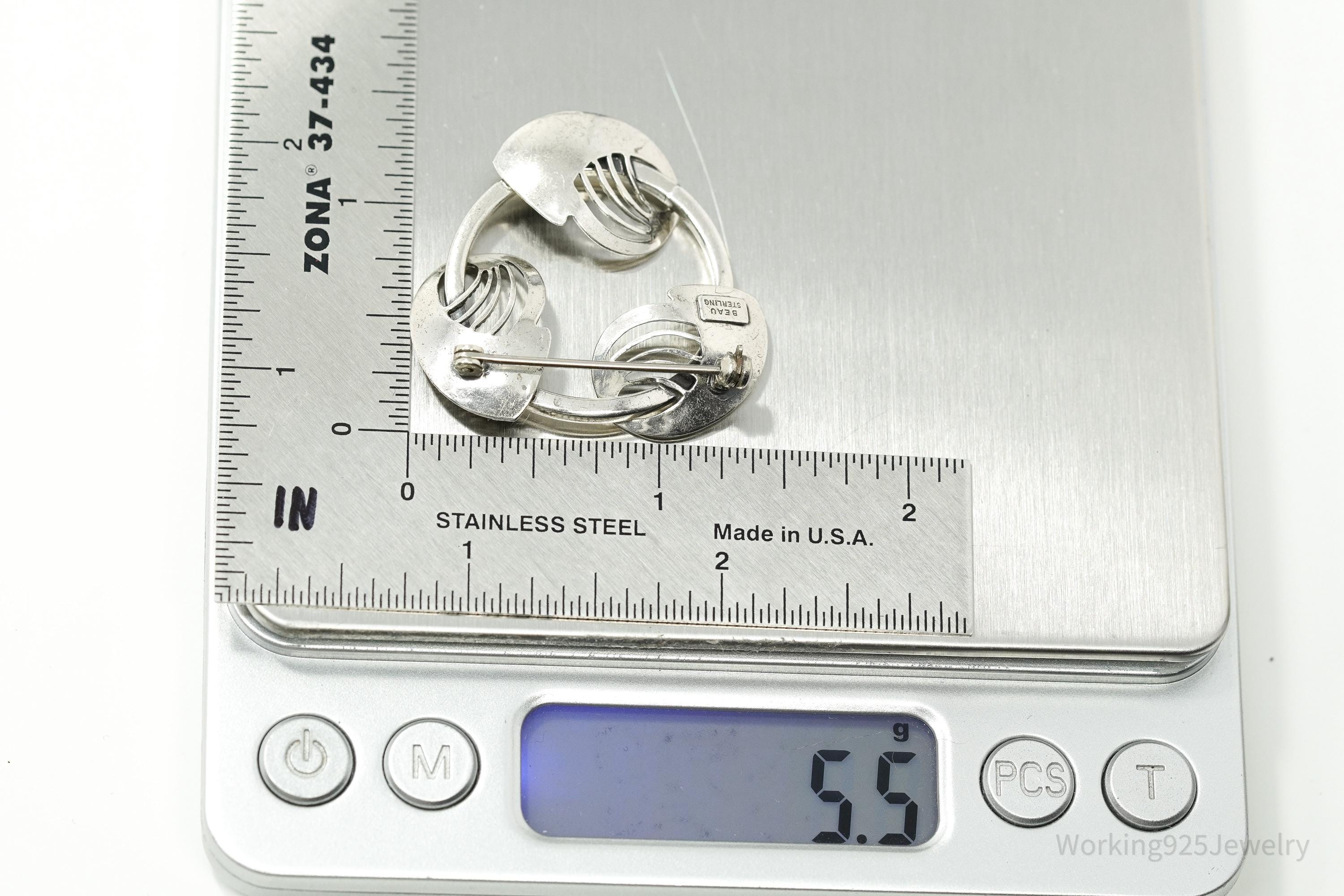 Large Vintage Designer BEAU Modernist Style Sterling Silver Brooch Pin