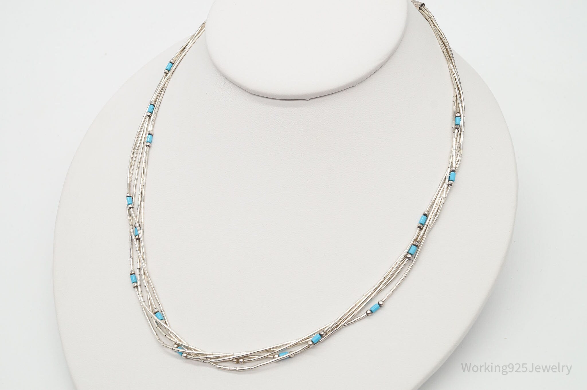 Vintage Native American Blue Turquoise Sterling Silver Bead Necklace