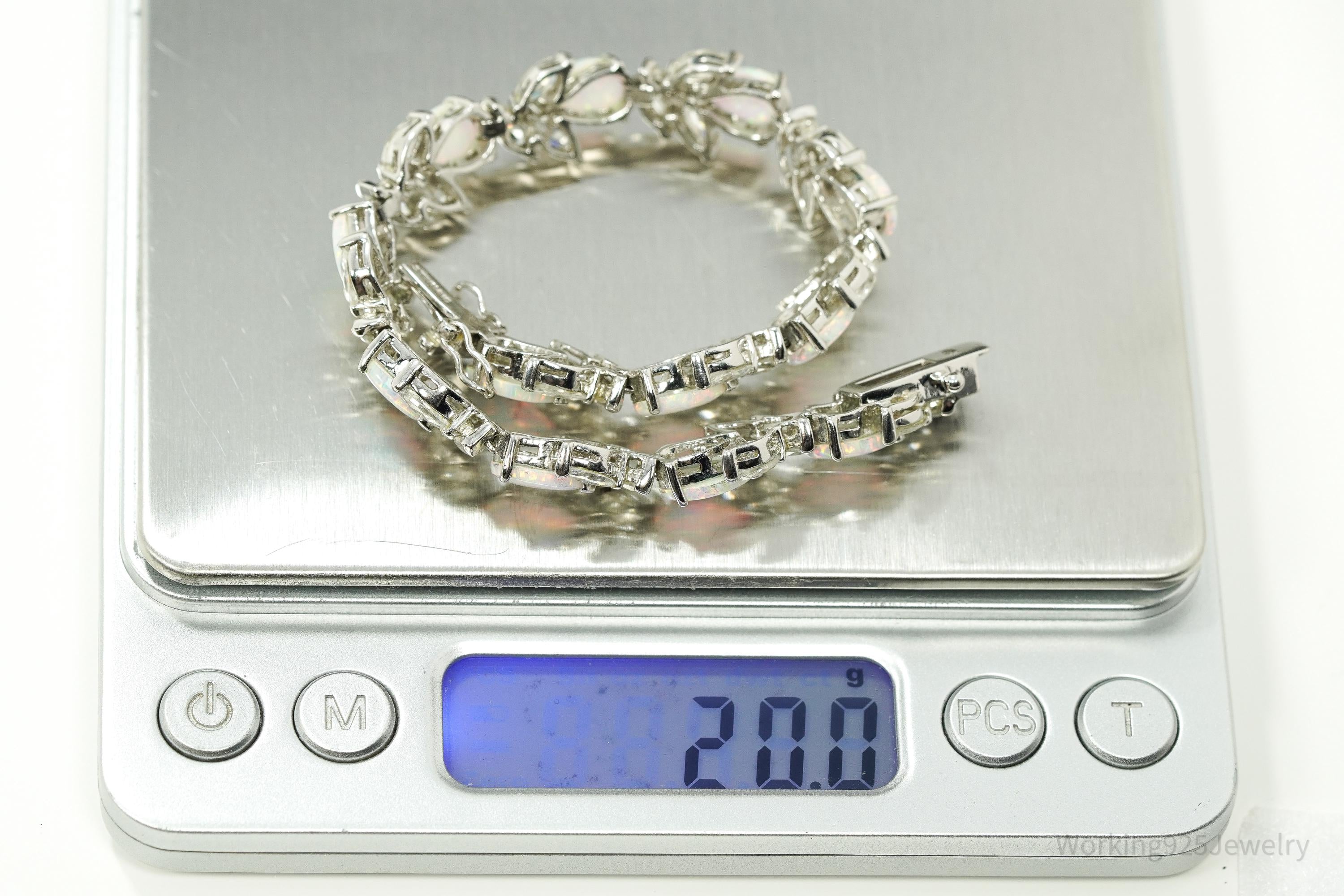 Vintage Opal & Cubic Zirconia Sterling Silver Bracelet 7 3/8"