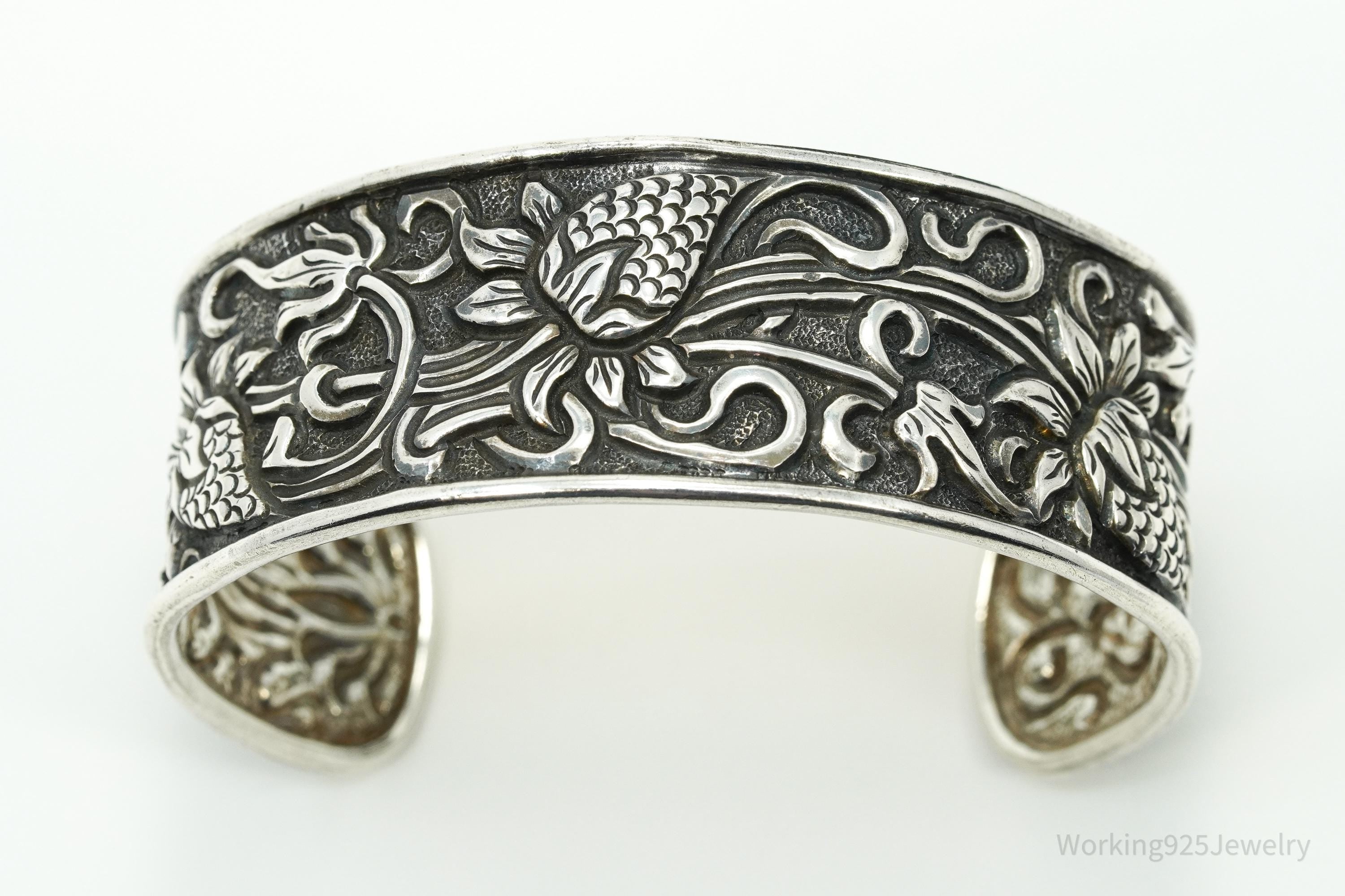 Vintage TIKA Strawberry Floral Pattern Repousse Sterling Silver Cuff Bracelet 7 5/8"