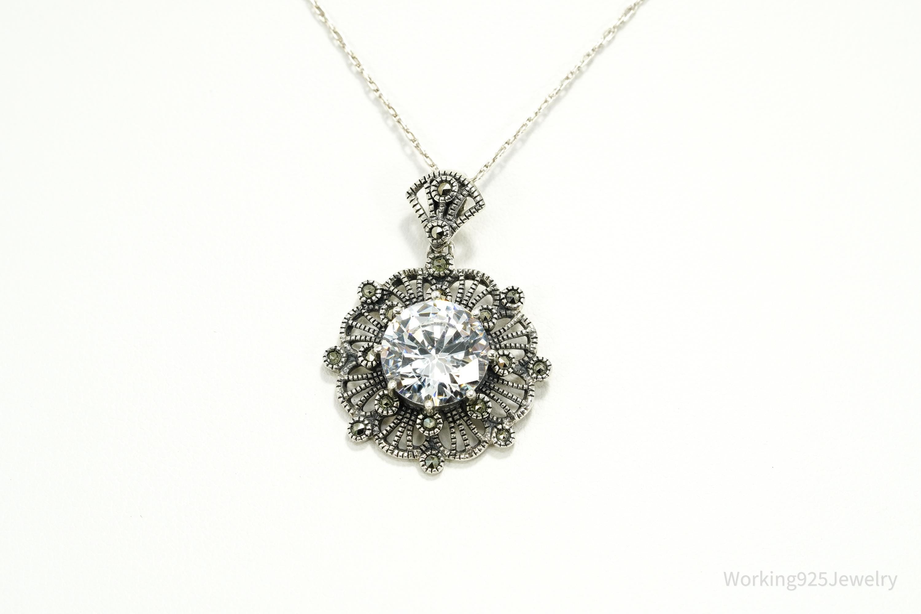 Vintage Large Cubic Zirconia & Marcasite Sterling Silver Necklace 20"