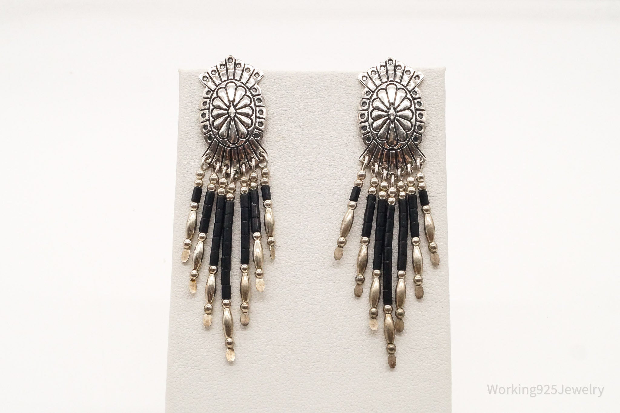 Vintage Native American QT Quoc Black Onyx Sterling Silver Earrings