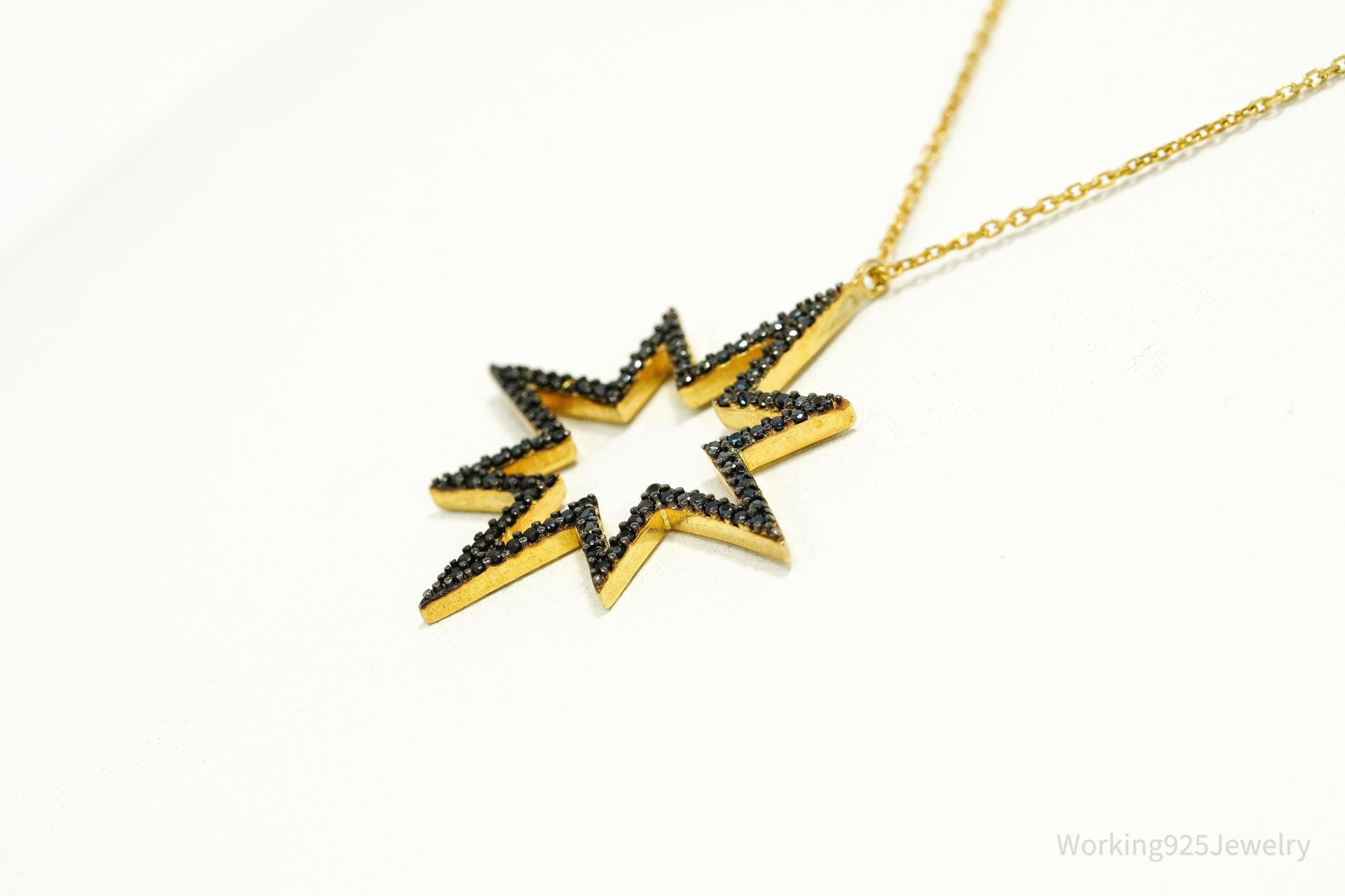 Vintage Pave Black Spinel Star Gold Vermeil Sterling Silver Necklace 17"