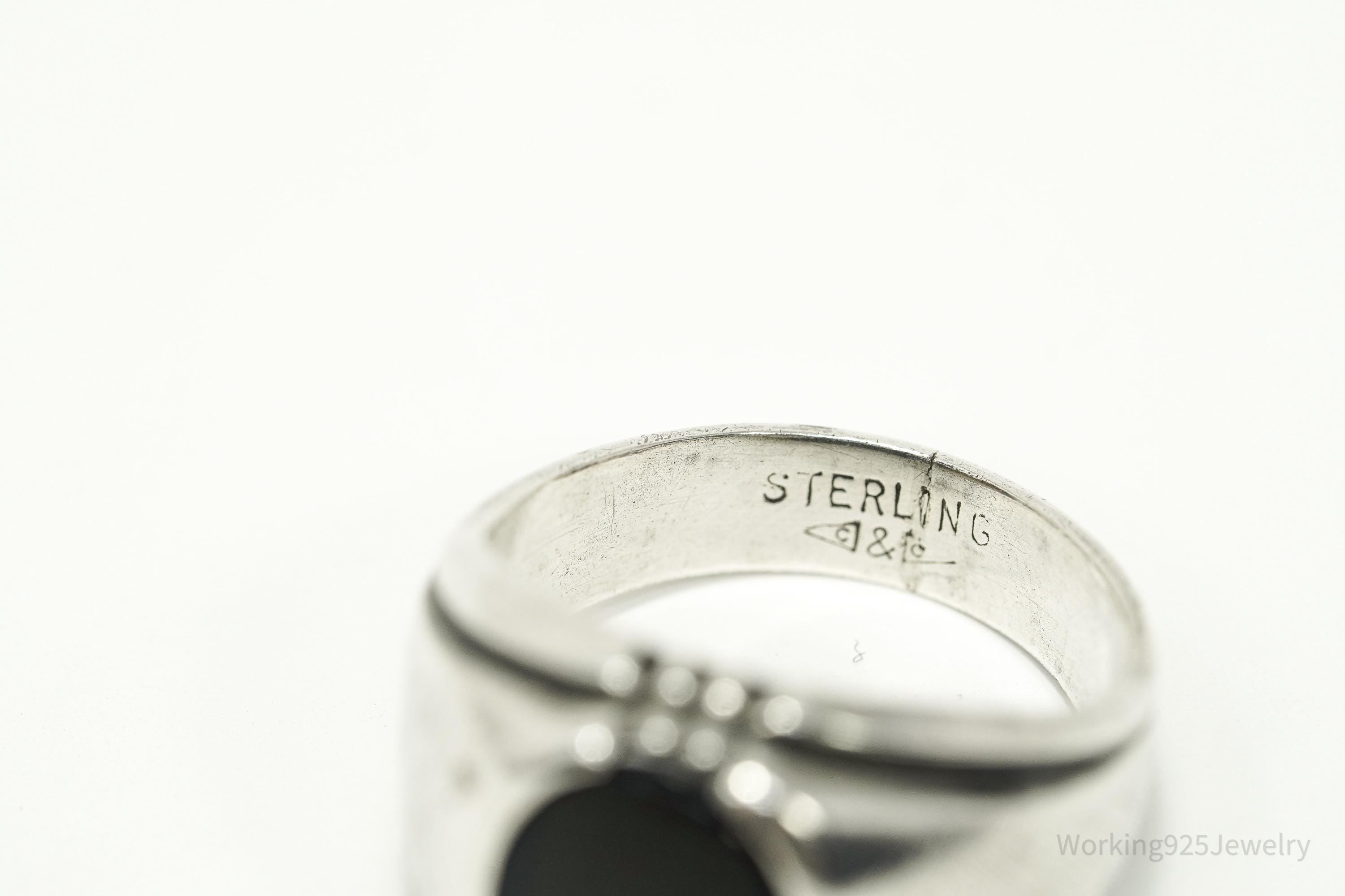 Antique Designer Clark & Coombs Black Onyx Sterling Silver Ring - Size 8.75