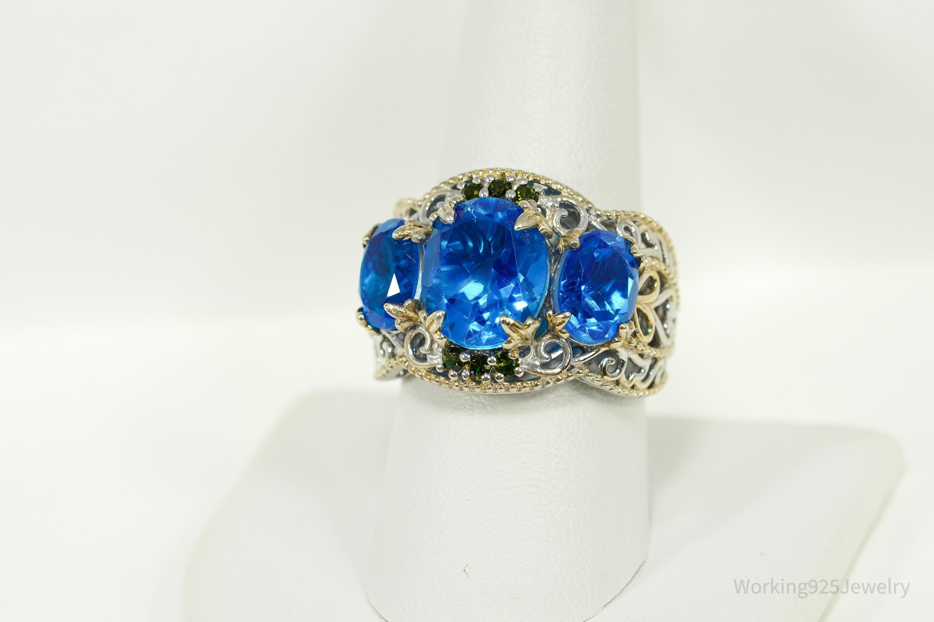 Vintage Chuck Clemency Blue Topaz & Peridot Gold Vermeil Sterling Silver Ring - Size 9.25