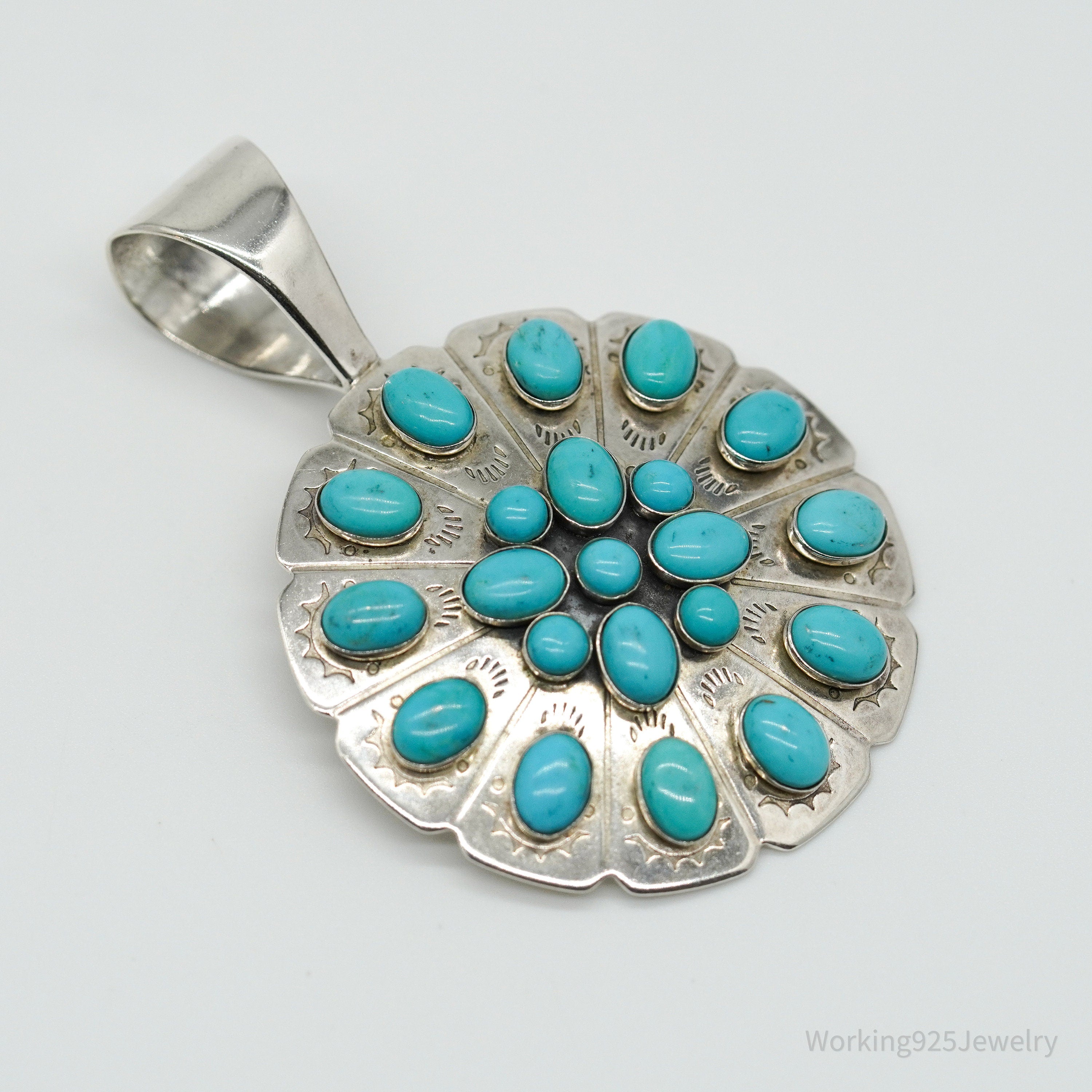 Vintage Southwest Desert Rose Trading Turquoise Sterling Silver Pendant 2.5"