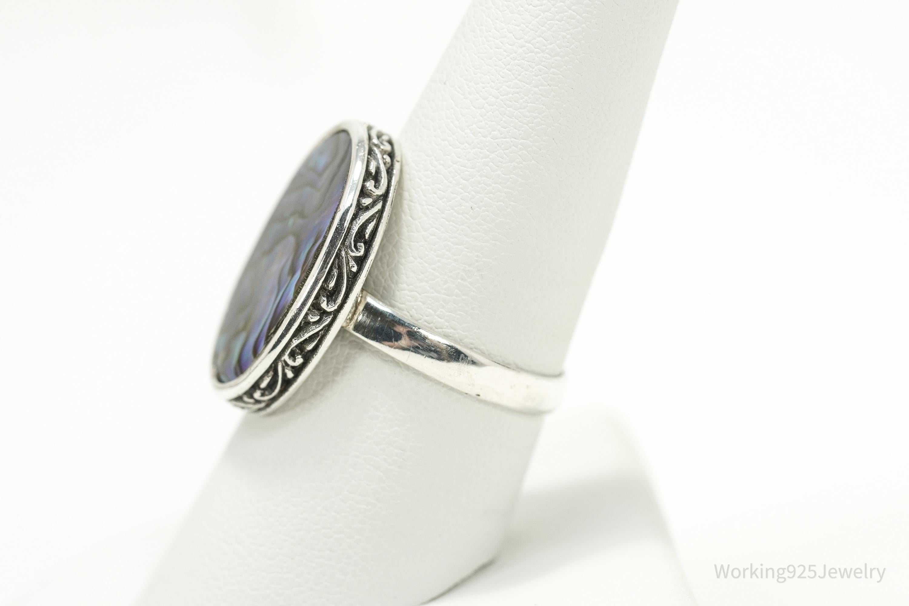 Vintage Sterling Silver Statement Ring • Large Paua Abalone Shell Inlay Size 9
