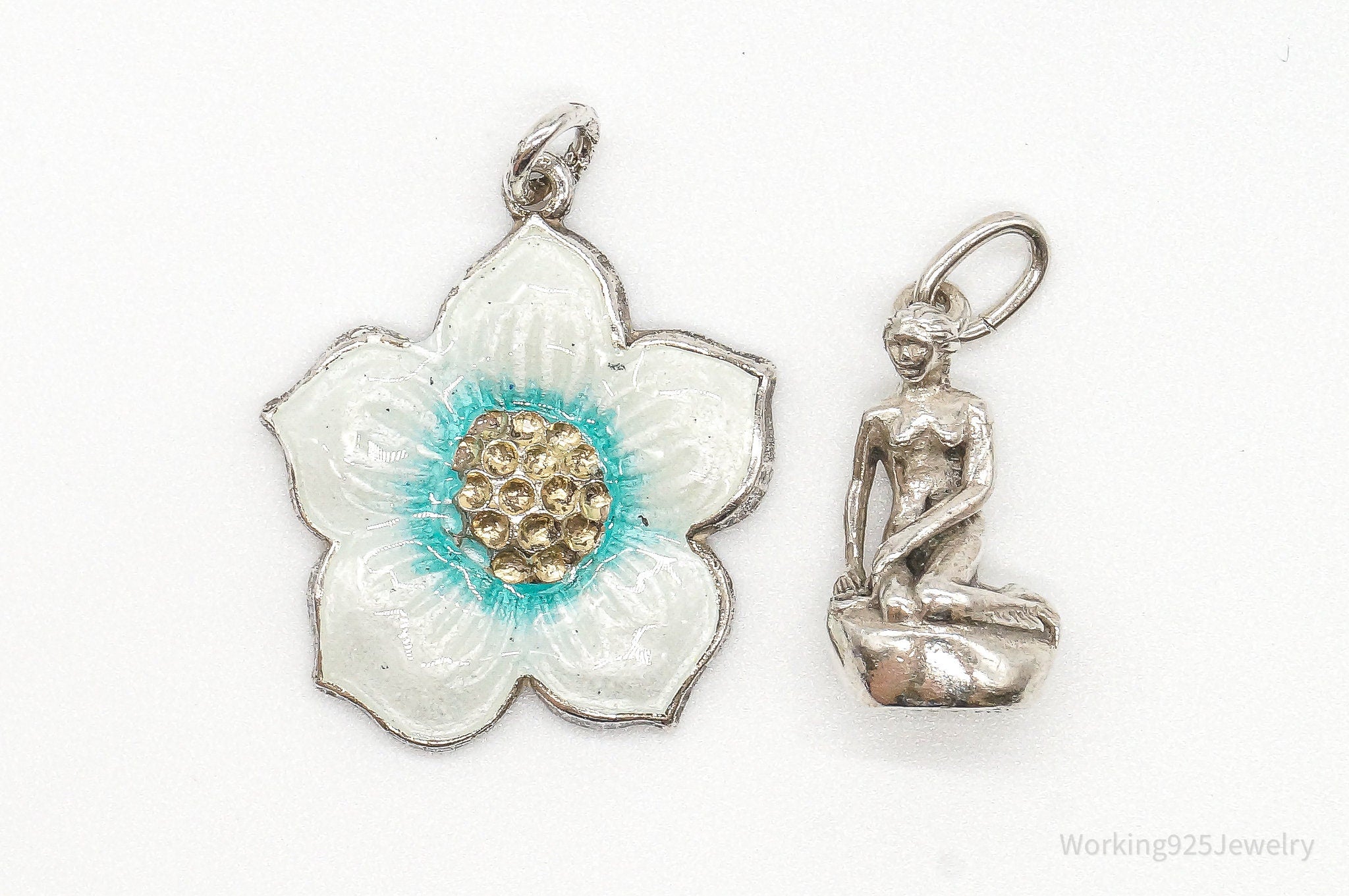 Vintage Modernist Enamel Flower Little Mermaid Sterling Silver Pendants