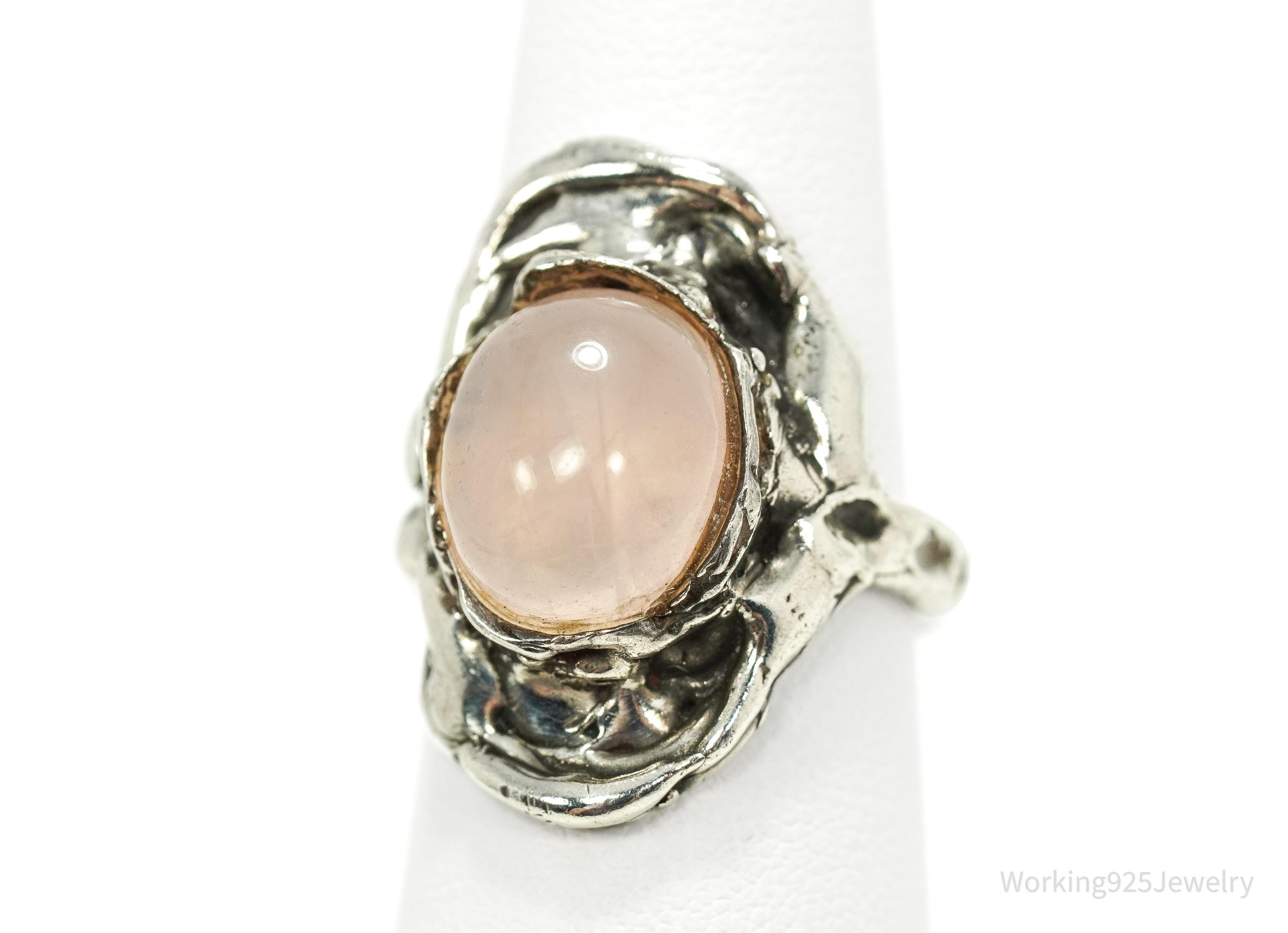 Vintage Brutalist Rose Quartz Silver Ring - Size 6.5