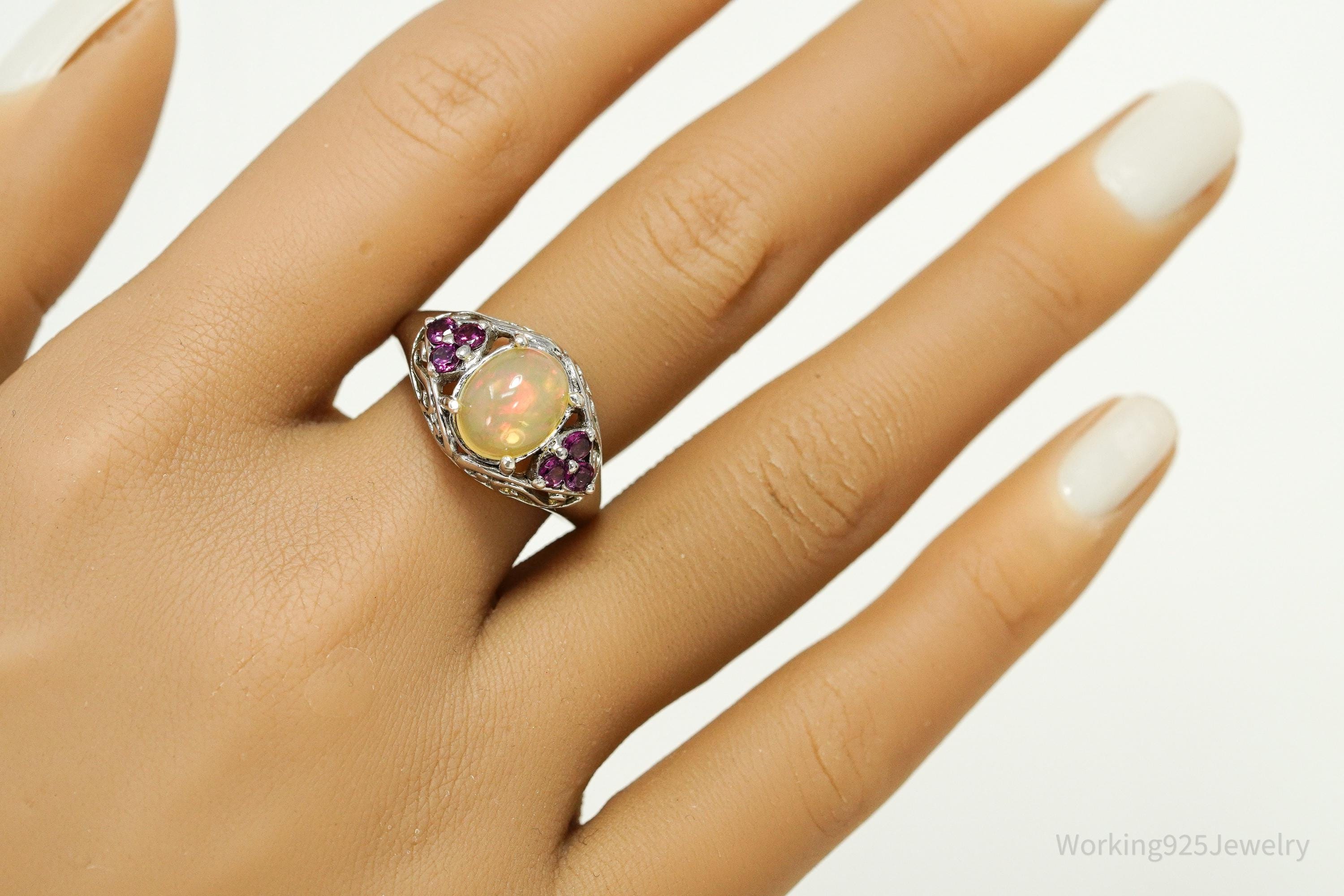 Vintage Ethiopian Opal & Rhodolite Garnet Sterling Silver Ring - Size 10