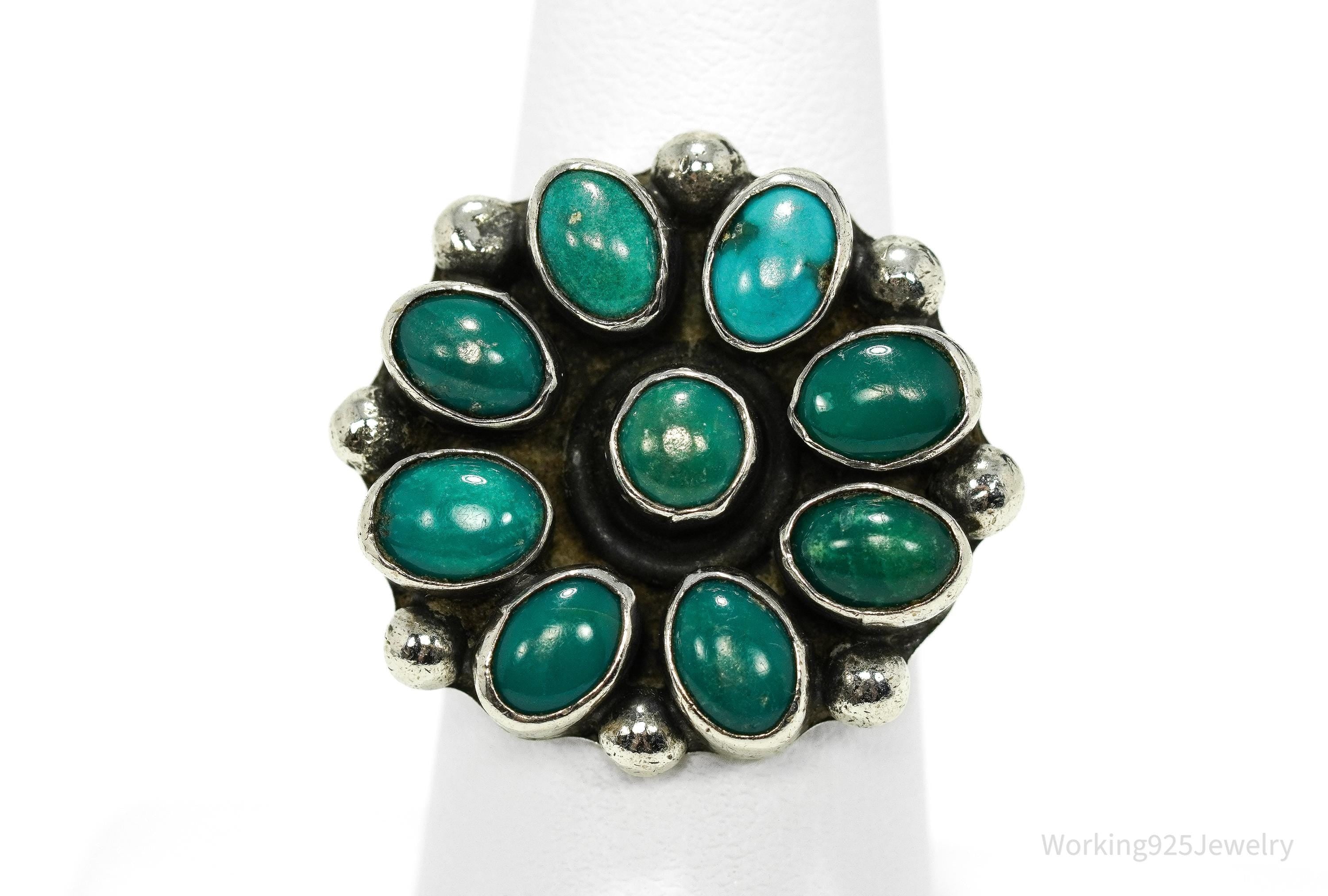 Vintage Handmade Native American Turquoise Unsigned Silver Ring - Size 7.25