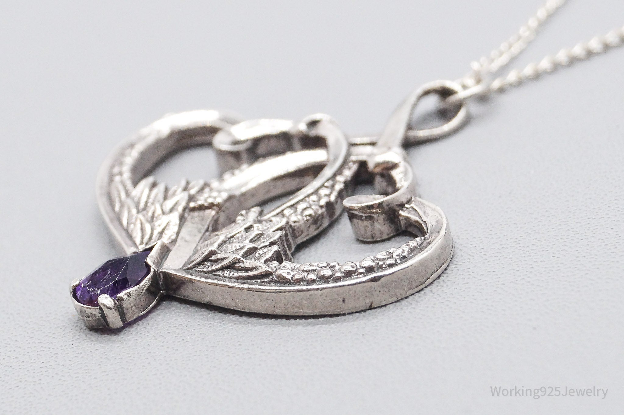 Vintage 1893 GRADH Franklin Mint Double Heart Amethyst Sterling Silver Necklace