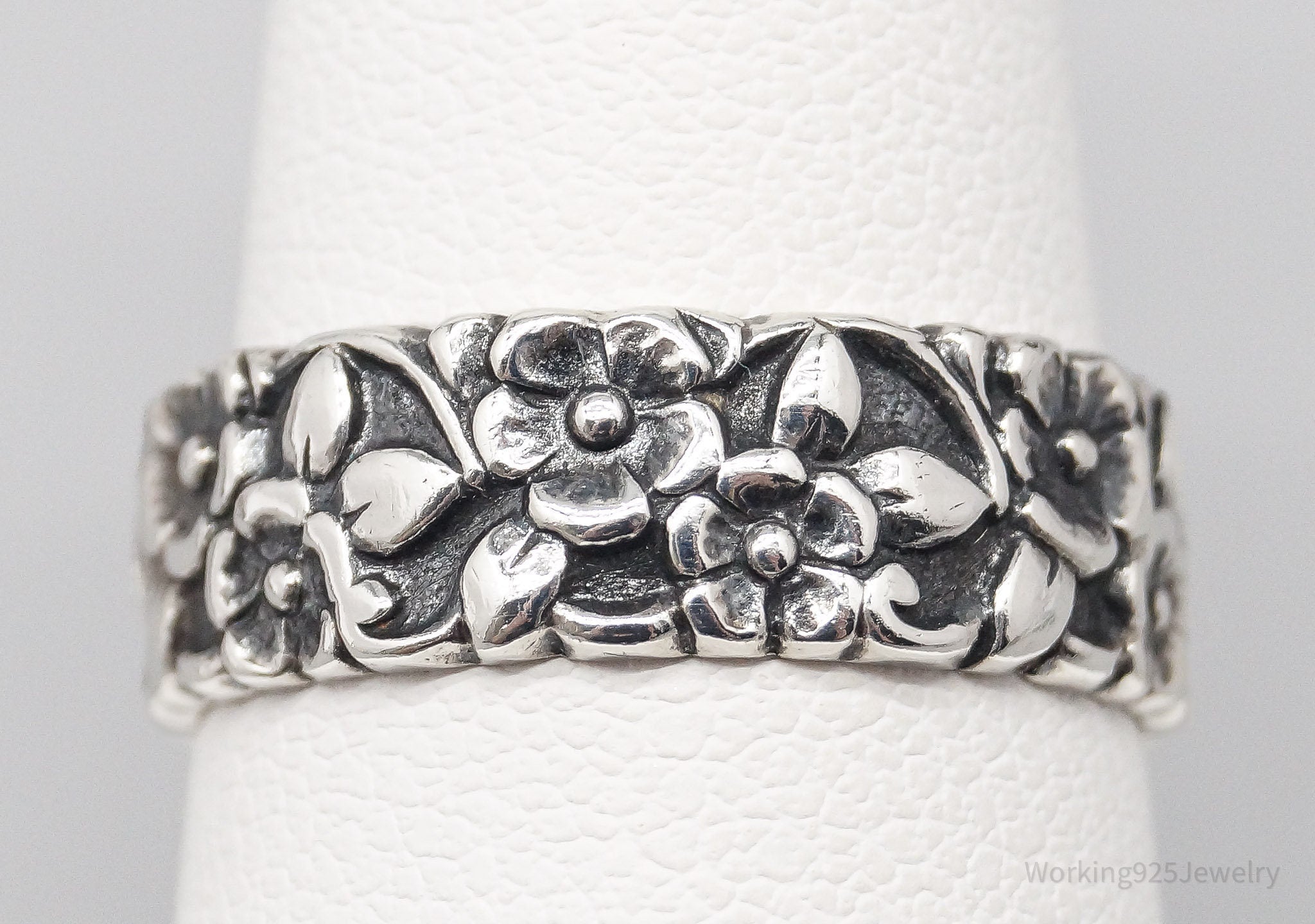 Antique Flowers Sterling Silver Band Ring - Size 7