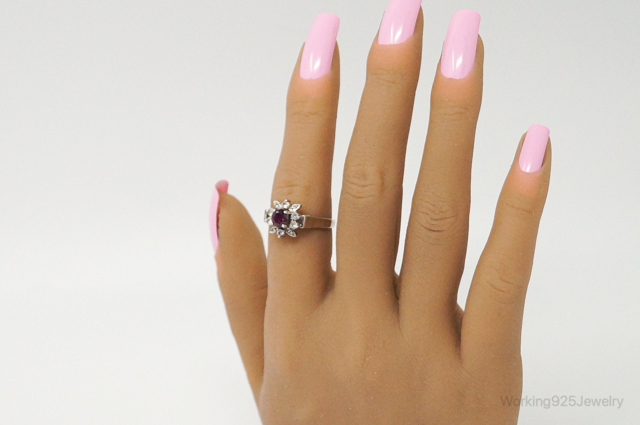 Vintage Art Deco Ruby Cubic Zirconia Sterling Silver Ring - Size 7.75