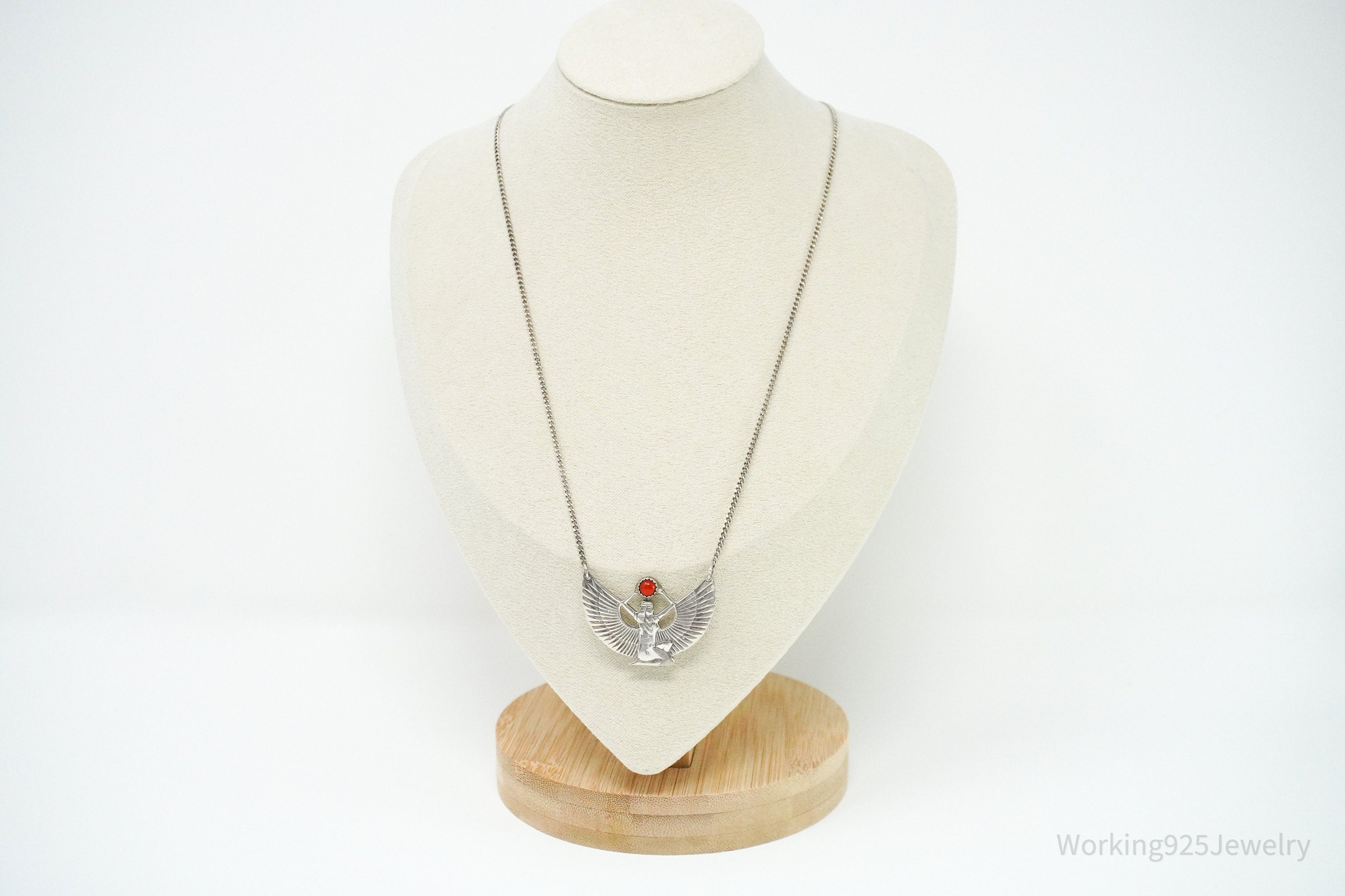 Vintage Egyptian Winged Goddess Isis Red Stone Sterling Silver Necklace 16"