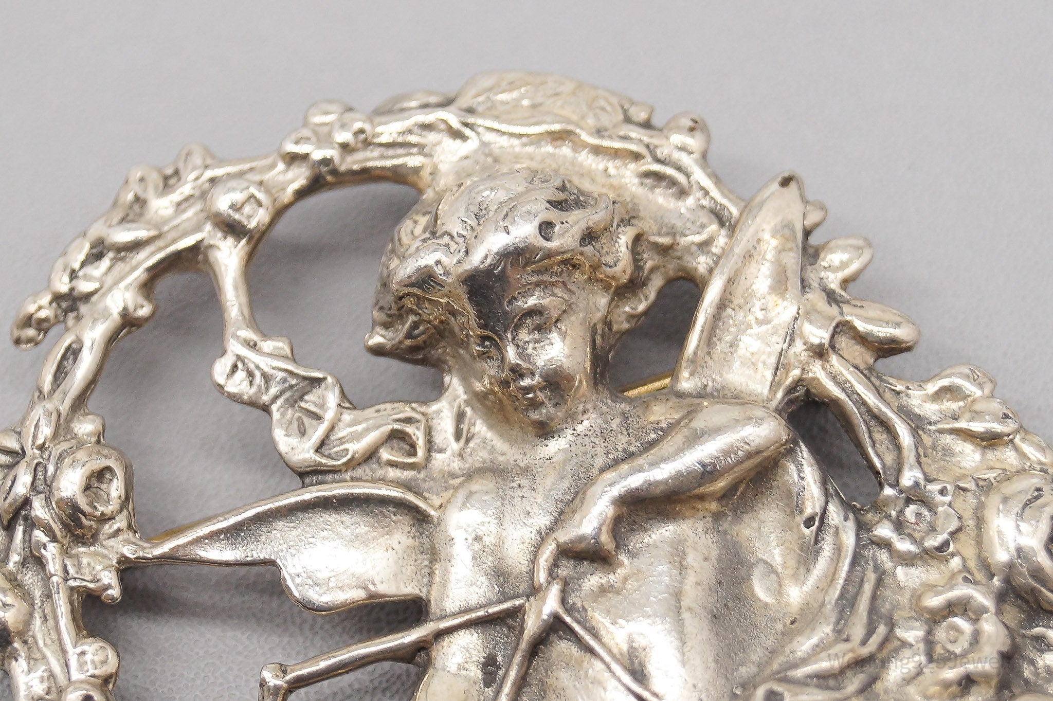 Large Vintage Cupid Angel Sterling Silver Brooch Pin