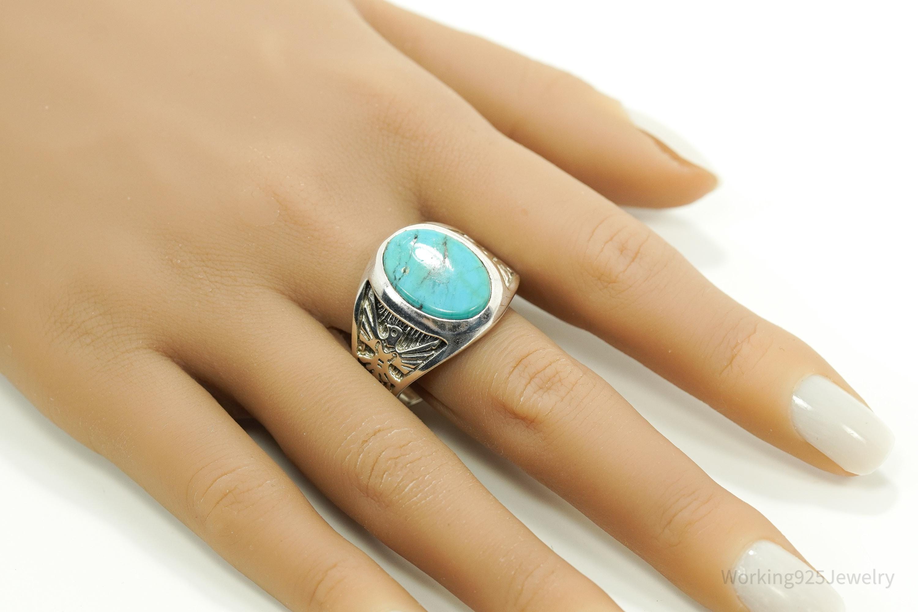 Vintage WMCO Turquoise ThunderBird Design Sterling Silver Ring - Size 15