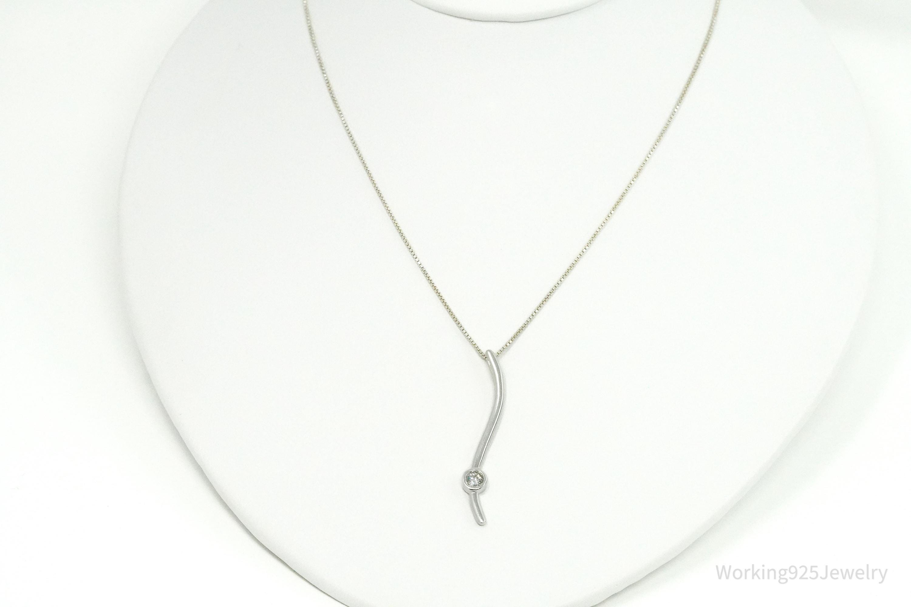Solitaire Linear Ribbon Diamond Sterling Silver Necklace 16"
