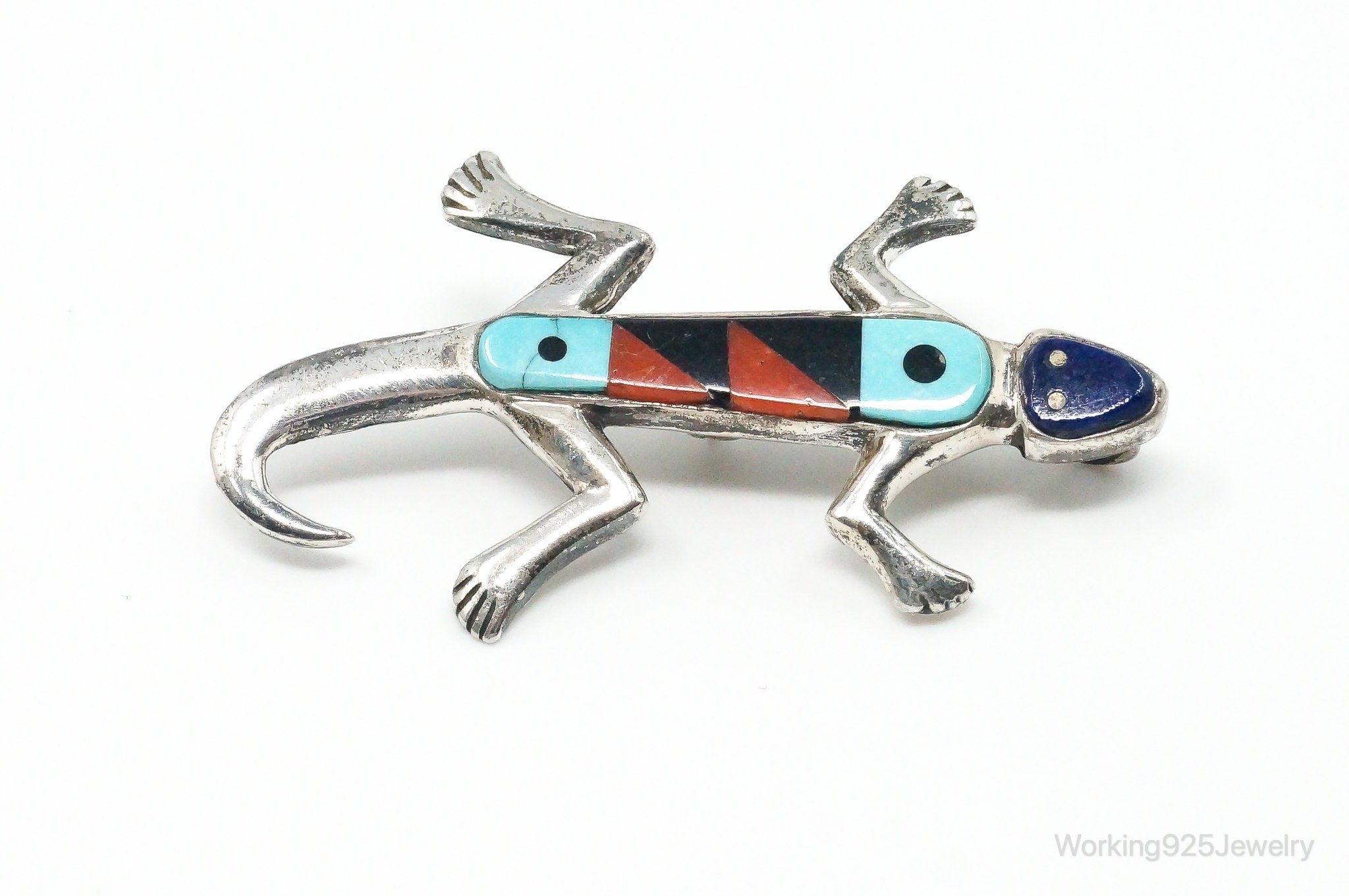 Vintage Native American Multi Gem Inlay Lizard Sterling Silver Pendant Pin