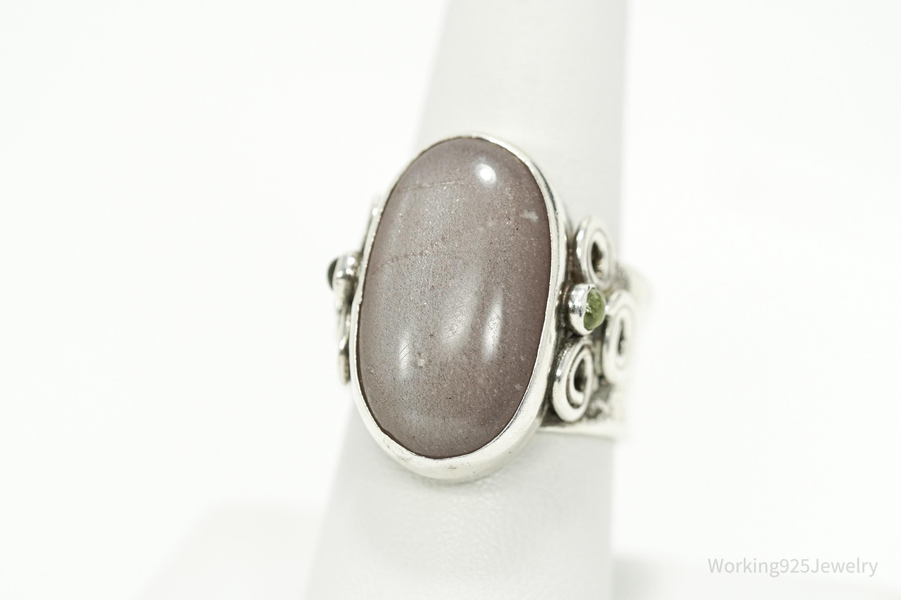 Vintage Gray Moonstone & Peridot Sterling Silver Ring Size 8