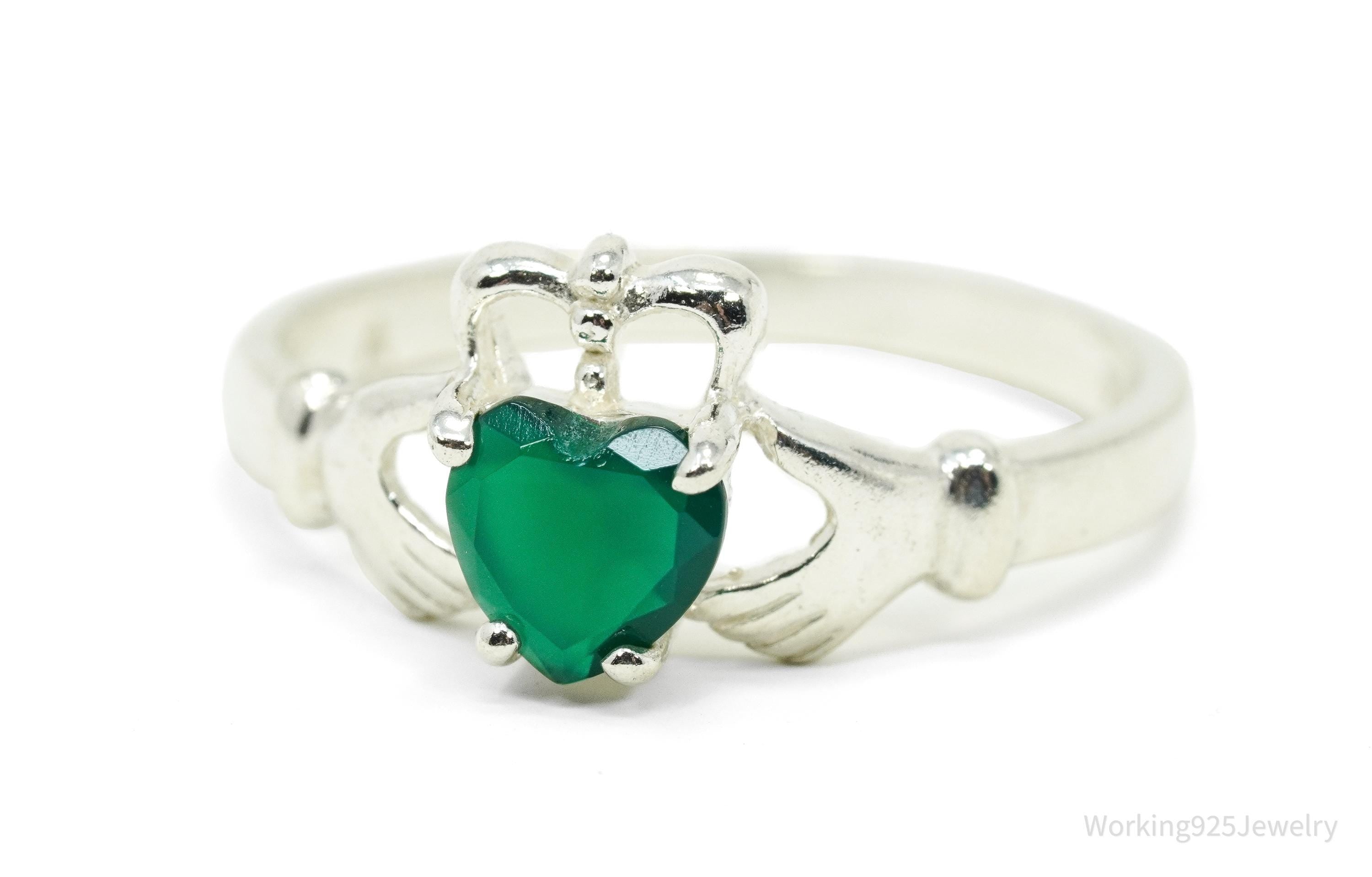Vintage Green Onyx Heart Claddagh Sterling Silver Ring - Size 9