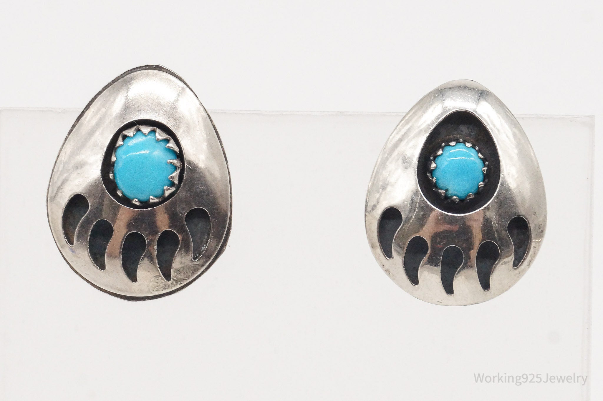 Vintage Native American Turquoise Bear Paw Print Sterling Silver Earrings