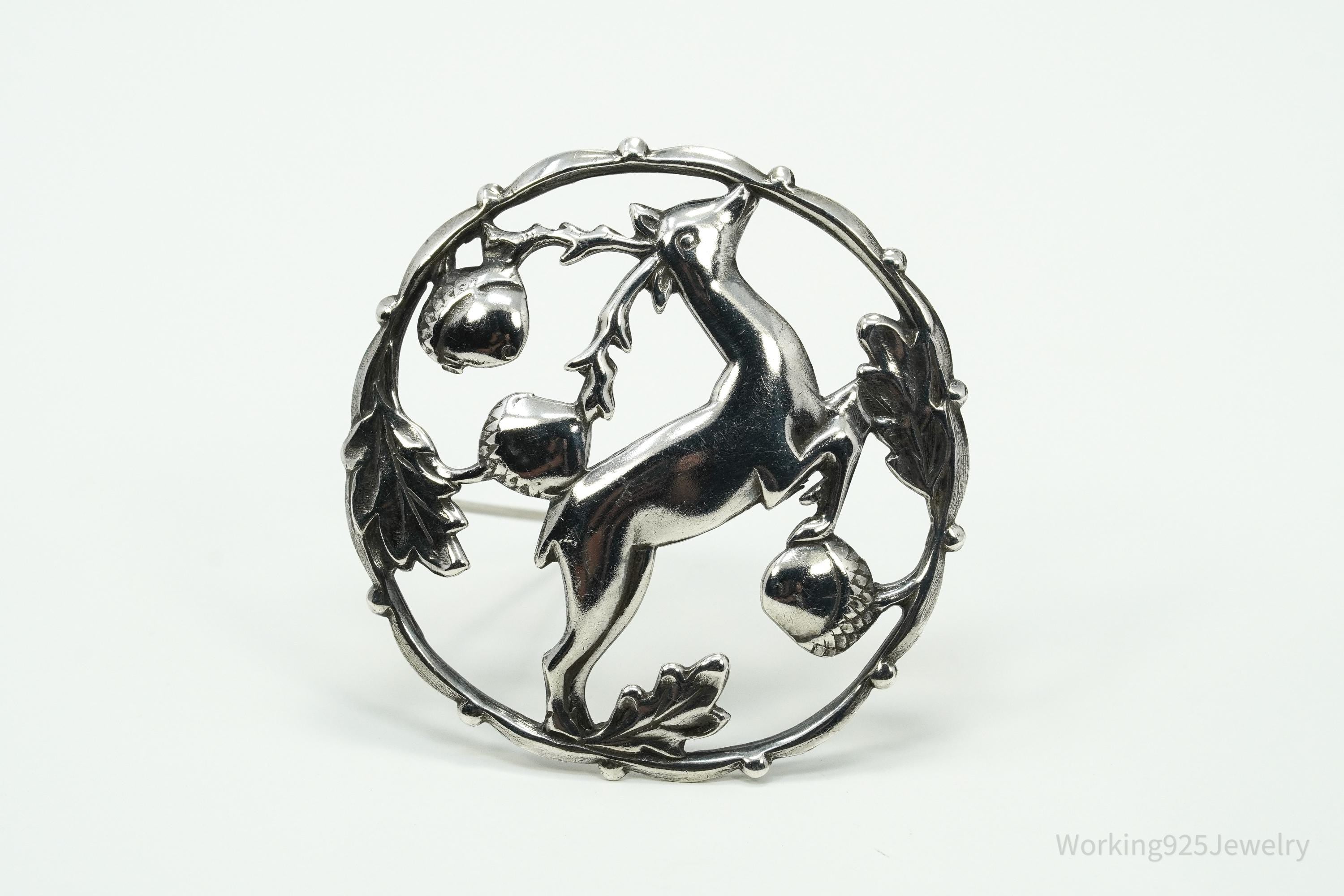 Large Antique Deer & Acorns Sterling Silver Brooch Pin