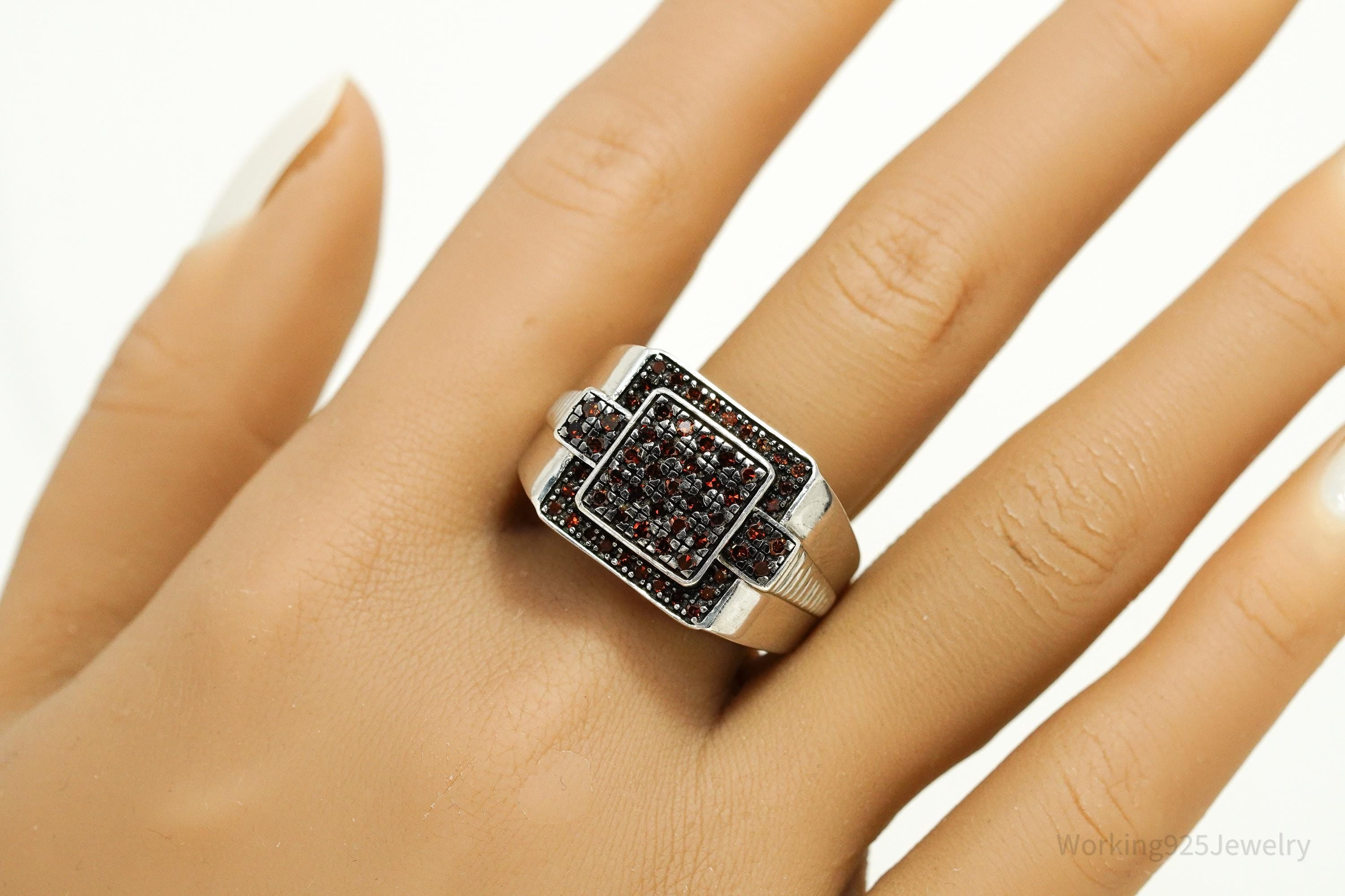 Vintage Garnet Sterling Silver Ring - Size 14.25