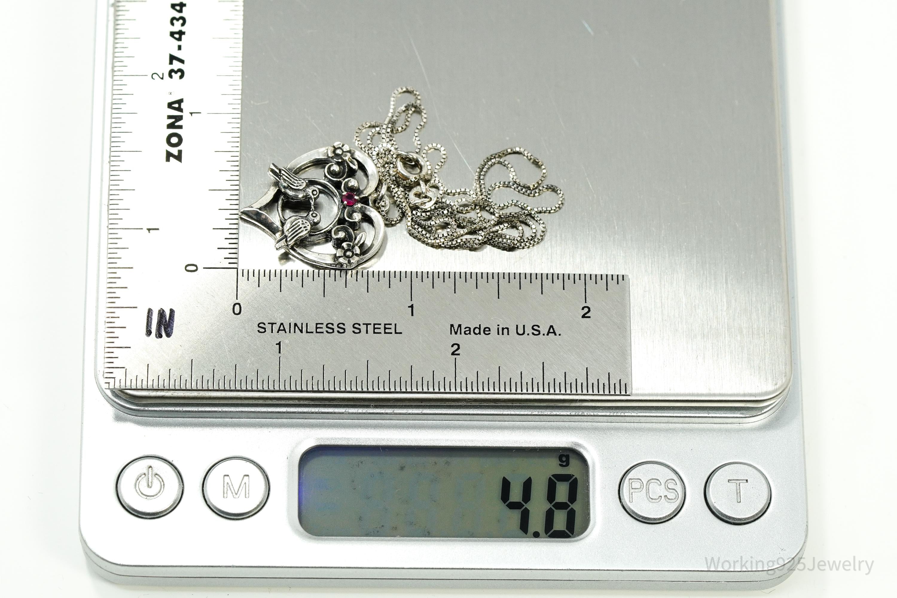 Vintage 1981 Franklin Mint Ruby Love Birds Sterling Silver Necklace 18"