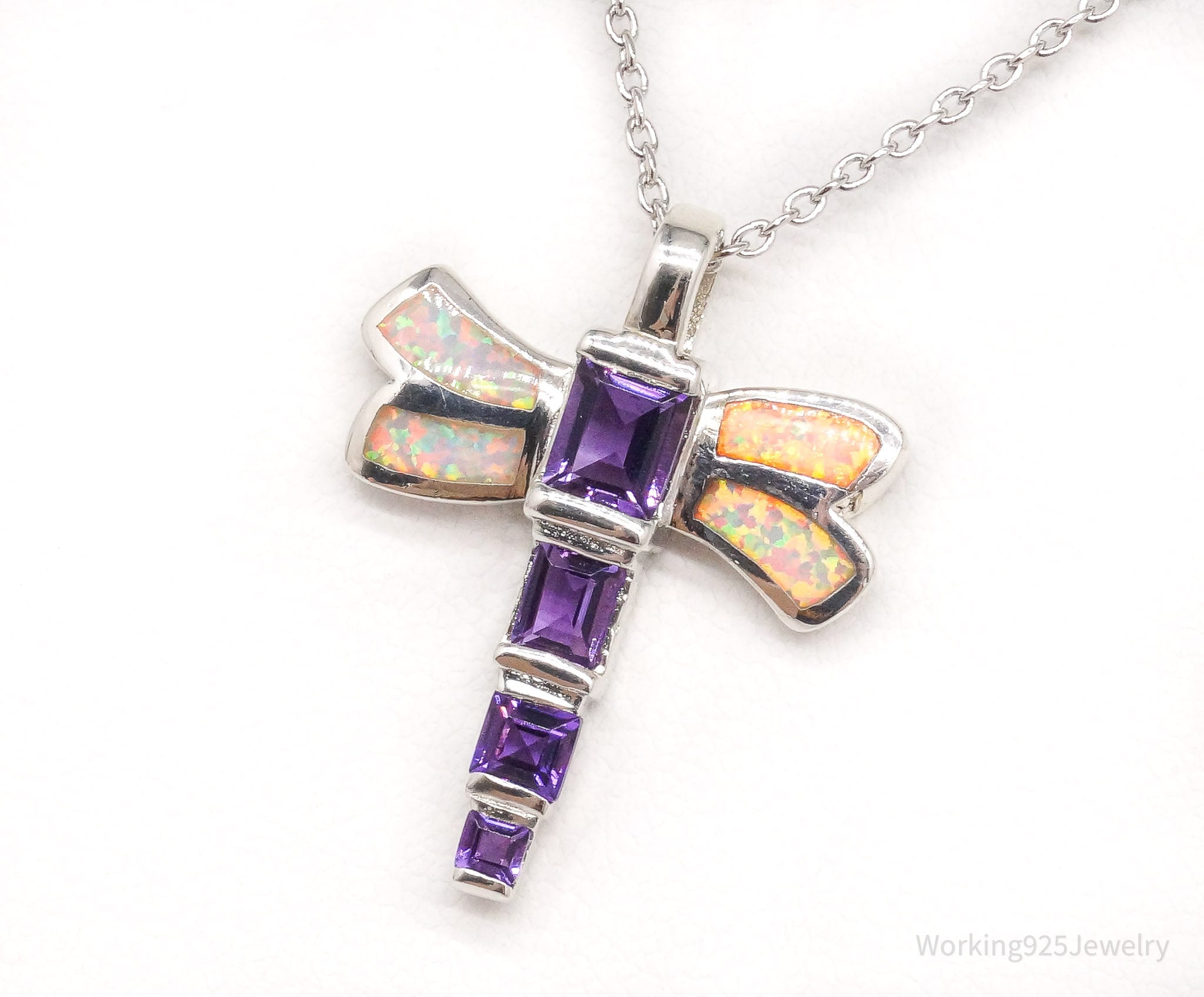 Vintage Opal Amethyst Dragonfly Sterling Silver Necklace 18"