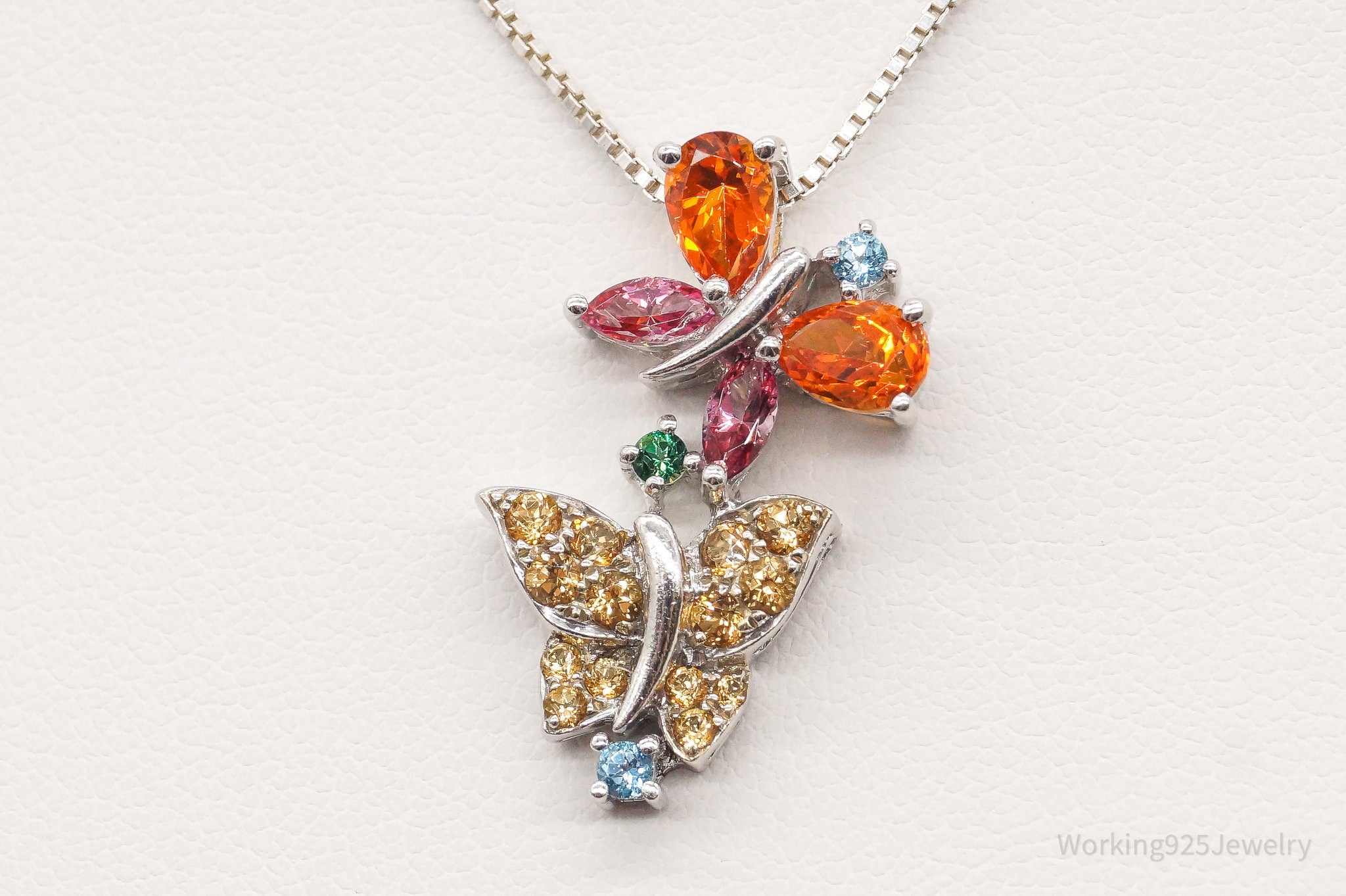 Vintage Multiple Gemstone Butterflies Sterling Silver Necklace