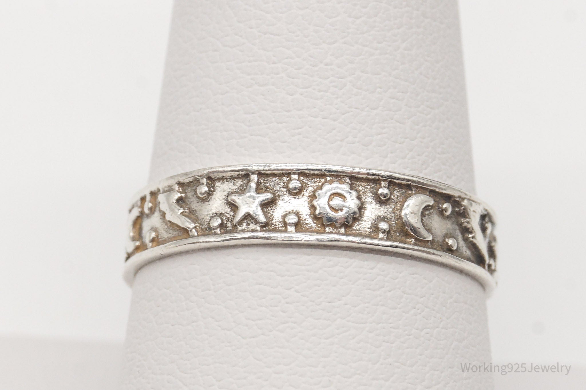 Vintage Stars Moons Suns Sterling Silver Band Ring - Size 9.5