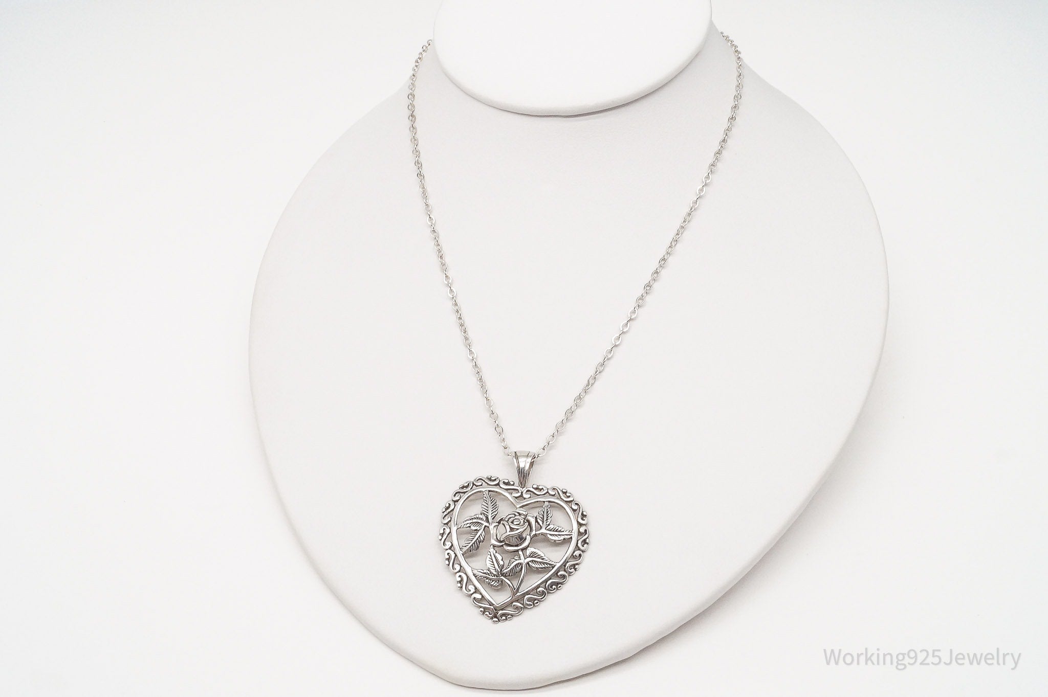 Vintage Large Rose Heart Sterling Silver Necklace 23"