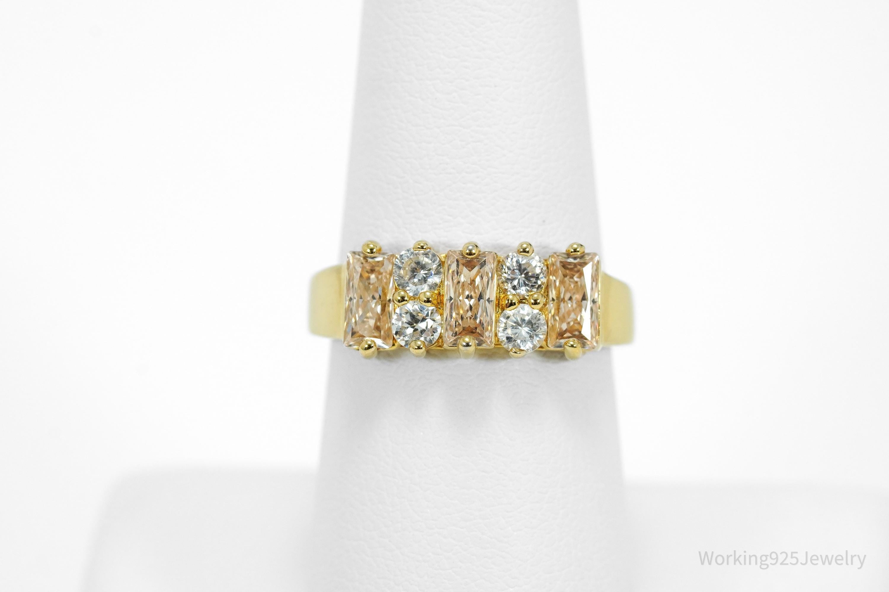 Vintage Champagne & White Cubic Zirconia Gold Over Sterling Silver Ring - Size 6