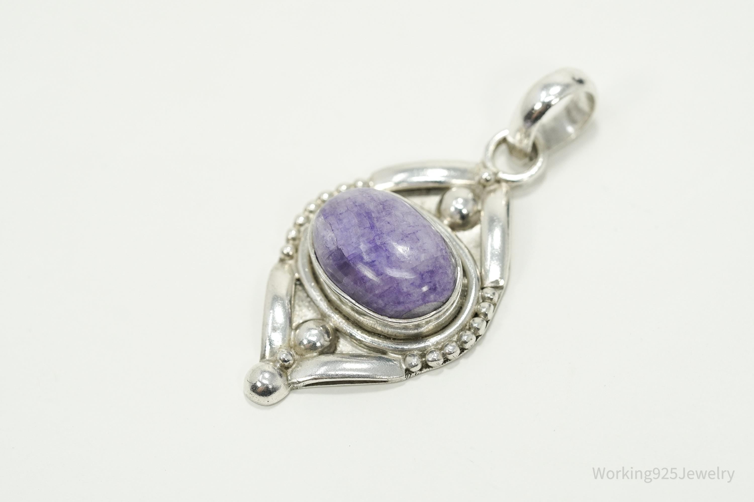 Vintage Sterling Silver Pendant • Purple Amethyst Cabochon Gemstone Jewelry