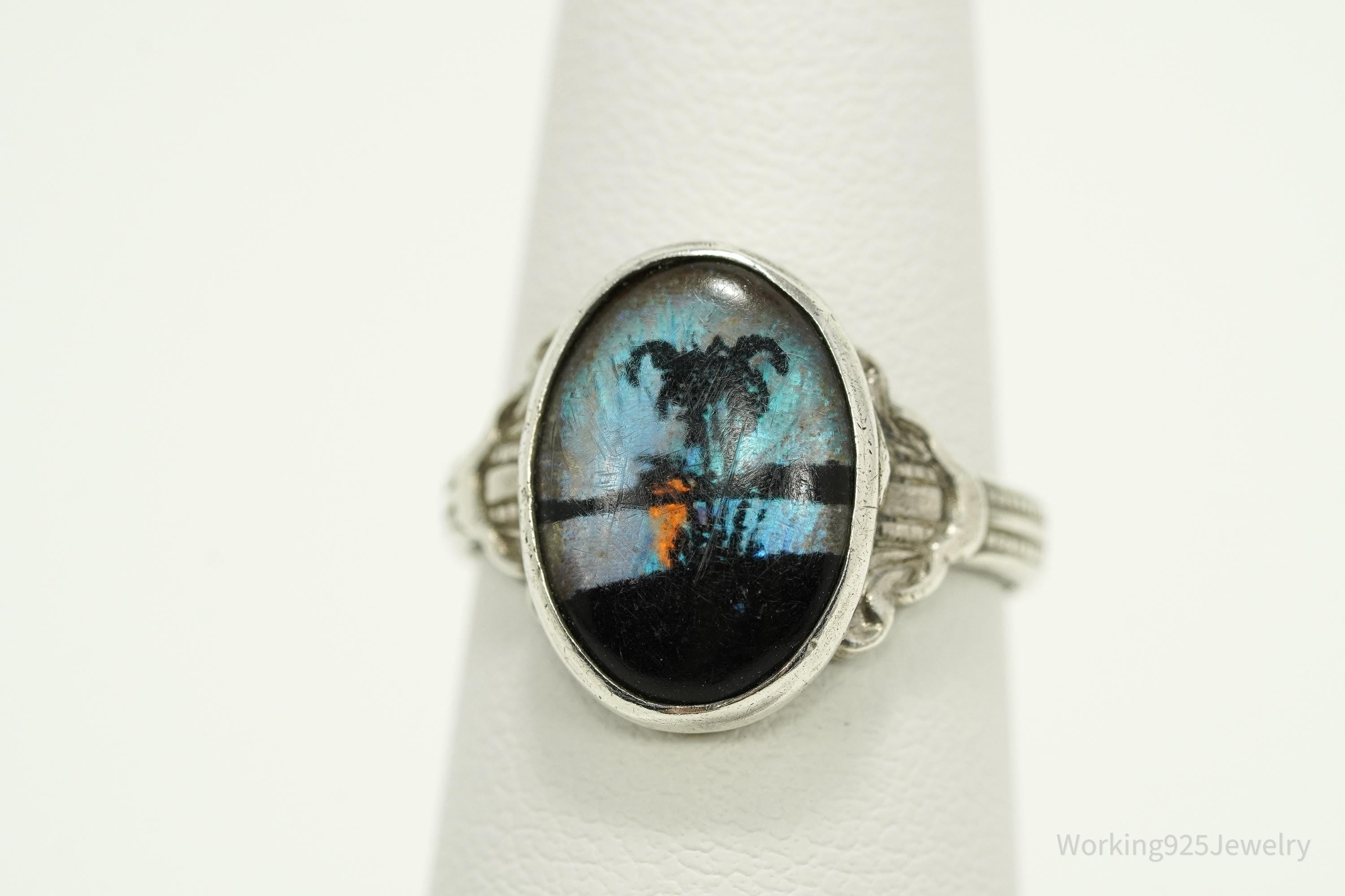 Antique Butterfly Wing Beach Scene Sterling Silver Ring - Size 6