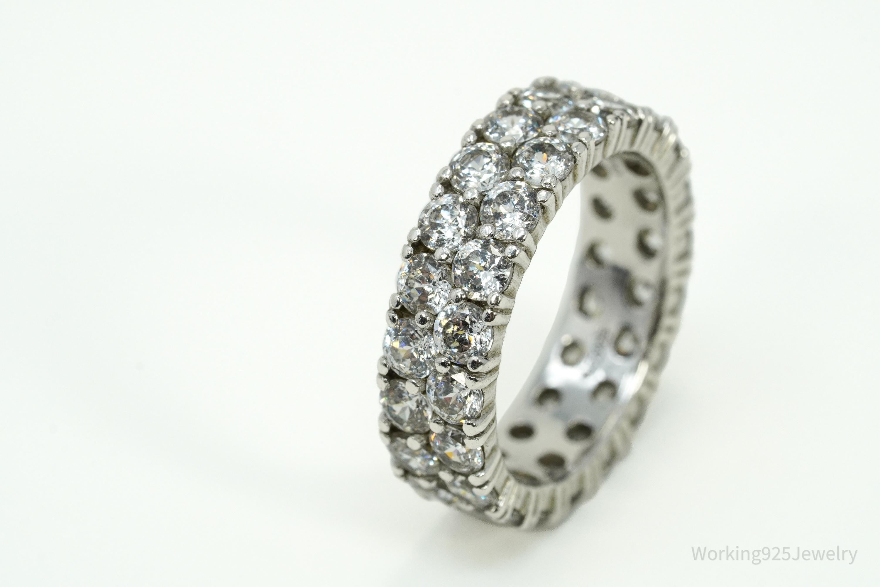 Vintage Eternity Band Cubic Zirconia Platinum Clad Sterling Silver Ring - Sz 6