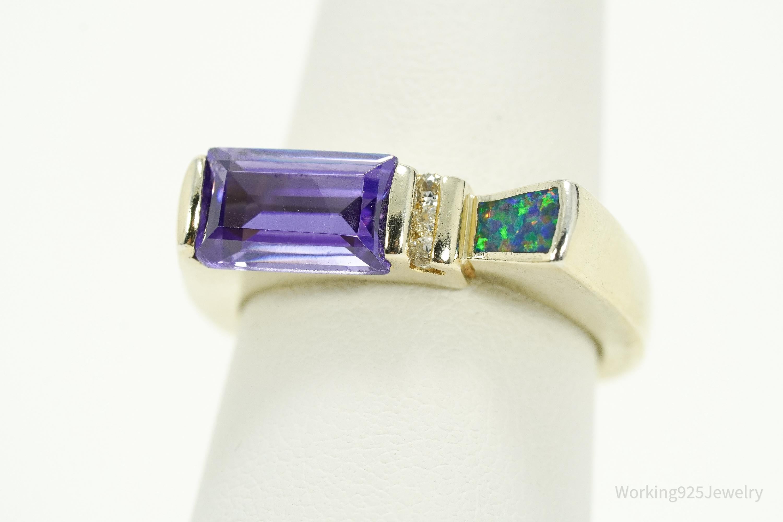 Vintage Designer AK Purple & White CZ Opal Gold Over Sterling Silver Ring - Size 8