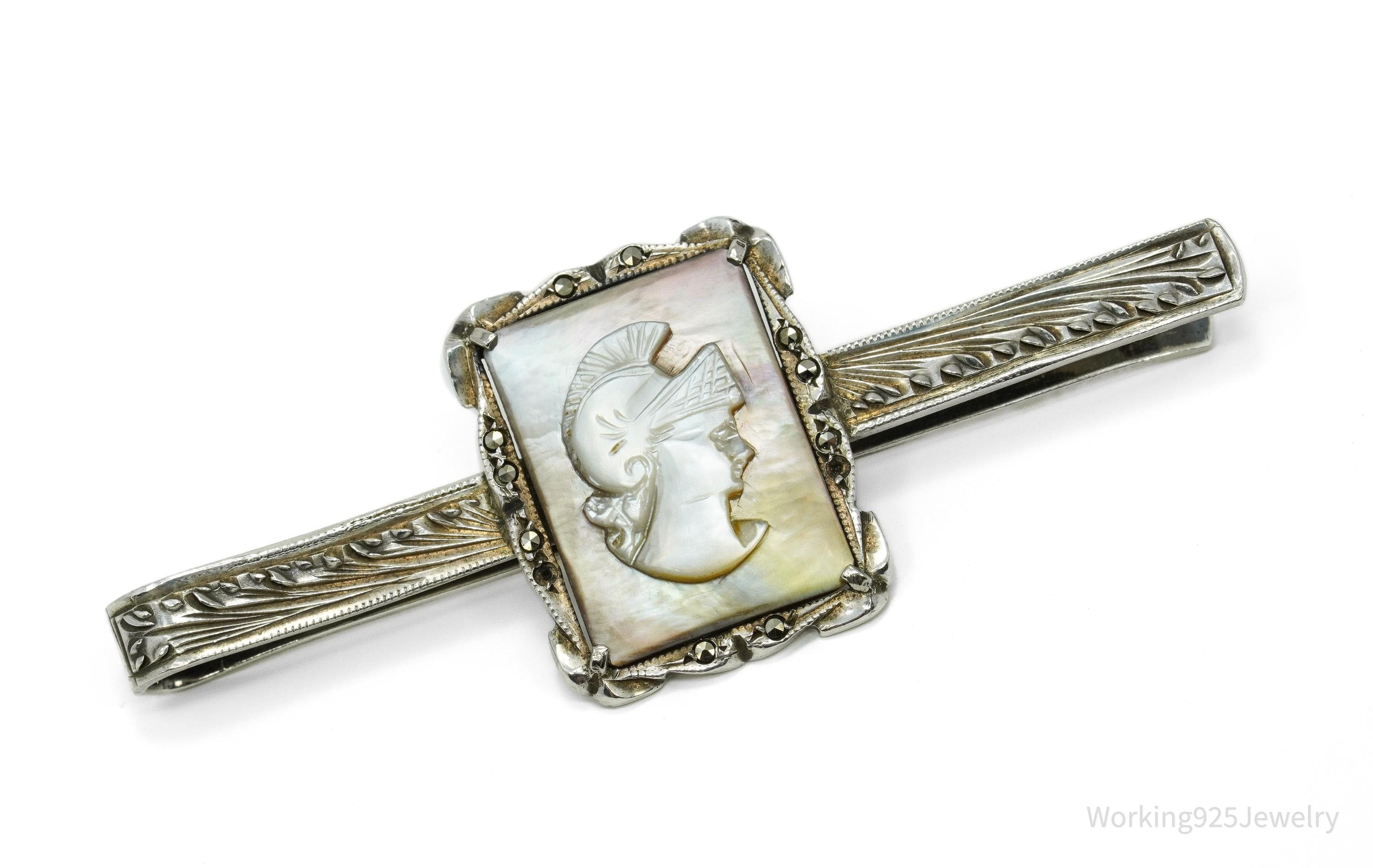 Antique Victorian 800 Silver Mother of Pearl Cameo And Marcasite Warrior Tie Clip